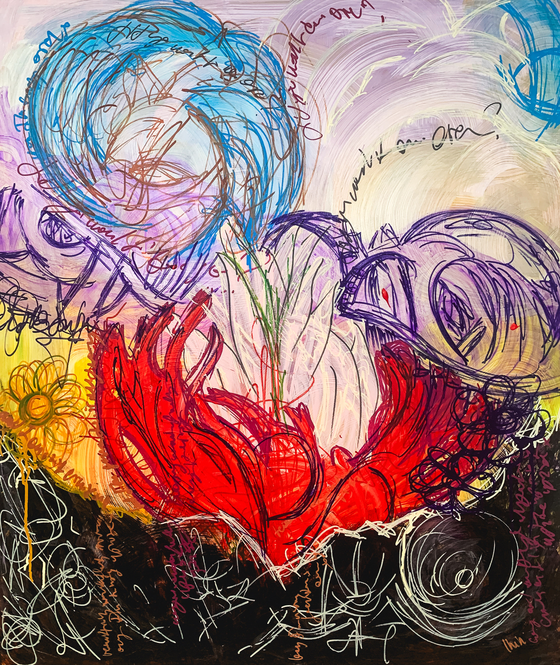 A large, vibrant abstract painting on a wood panel. At the bottom is a chaotic black section with white scribbles. A large, fiery red shape resembling hands or a flower rises from the blackness. Green shoots emerge from the red form. The upper half features large, circular scribbles in blue and purple against a lavender background. A large vertical abstract painting depicting a journey of emergence. The bottom third is a dark, chaotic base of black and brown, overlaid with tangled white scribbles. From this, a large, fiery red form, resembling open hands or a blooming lotus, rises upwards. Delicate green shoots emerge from its center. The upper half features large, circular, gestural scribbles in bright blue and deep purple against a soft lavender background. Calligraphic marks are layered throughout.