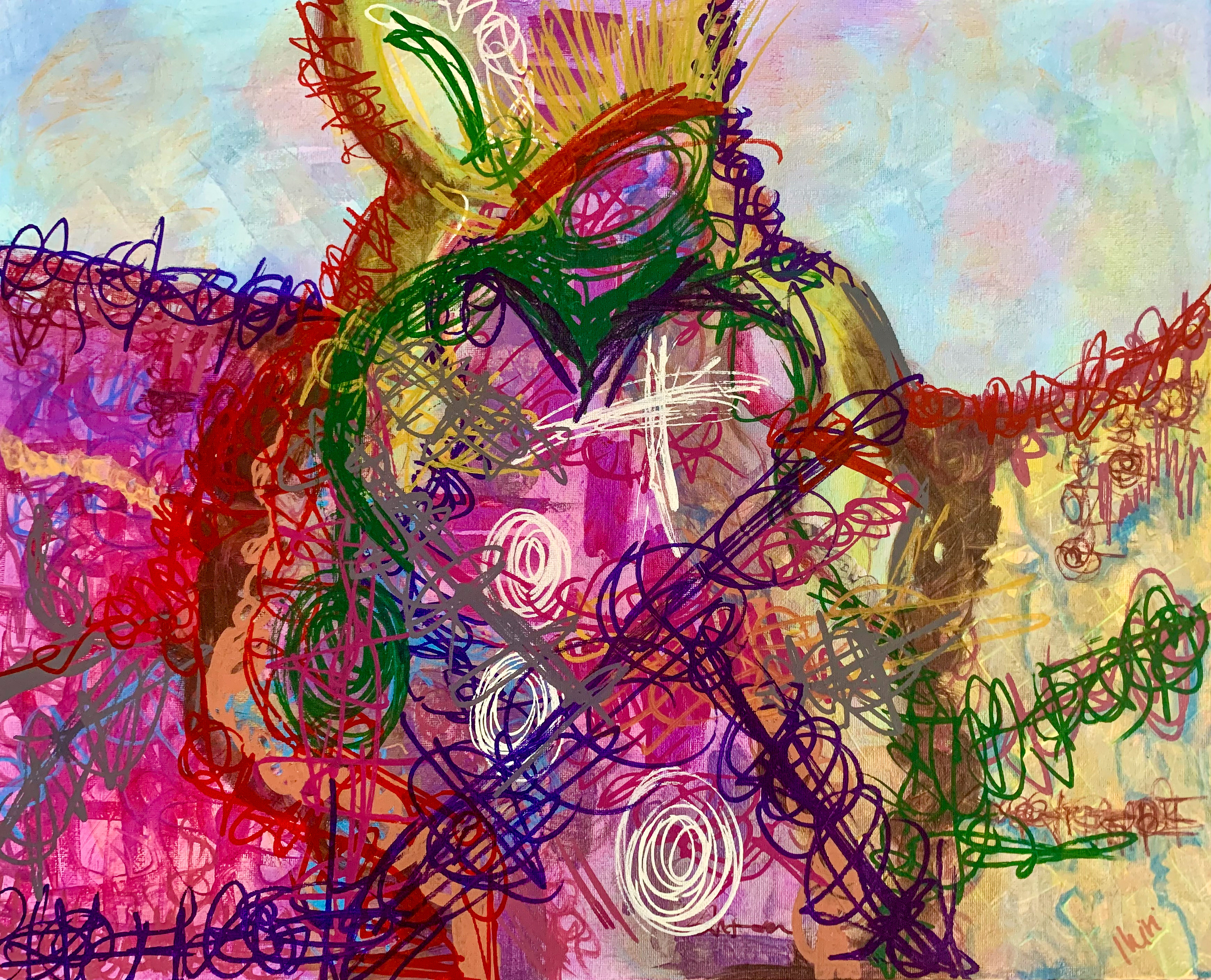 A highly intricate and colorful abstract painting on canvas. The central element is a green heart outline with a white cross inside, surrounded by a dense, layered network of multi-colored scribbles and lines in purple, pink, red, green, blue, and black. A highly detailed and intricate abstract painting. The composition is a dense tapestry of overlapping, multi-colored scribbled lines in purple, pink, red, green, blue, and black. At the center of this chaotic web is a distinct green heart outline containing a stark white cross. The background is a soft, blended field of blues, purples, and yellows, suggesting movement behind the detailed foreground.