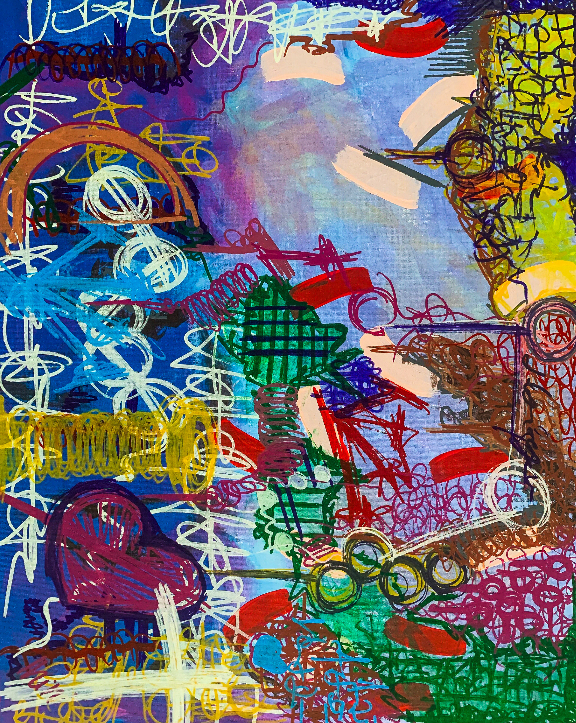 A vibrant, chaotic abstract painting on a canvas panel with a blue and purple background. The surface is covered in multi-colored layers of energetic scribbles, including white, yellow, red, green, and black. Abstract symbols like hearts, rainbows, and grid patterns are visible throughout the composition. A complex abstract painting set against a cool background of blended blues and purples. The canvas is covered with a dense network of multi-colored, energetic scribbles and symbols. Recognizable forms like a purple heart, a partial rainbow arc, and various grid and circular patterns emerge from the layers of white, yellow, and red marks.