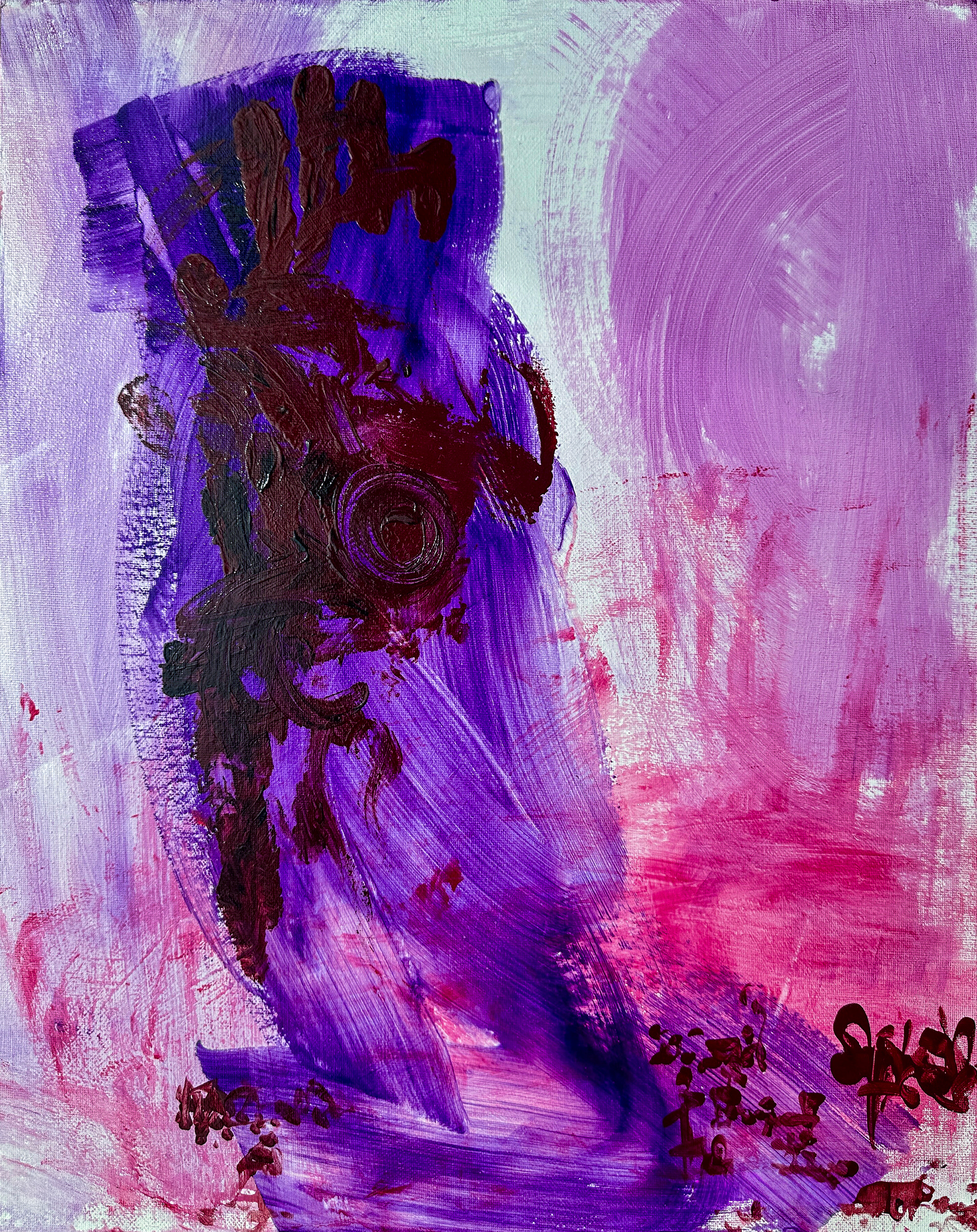 Contemporary abstract painting featuring a central, dark maroon vertical pillar with a spiral texture, set against a sweeping wash of violet and white impasto. A vertical composition dominated by deep indigo and violet hues. A heavy, monolithic form stands in the center, rendered in thick, dark maroon impasto. A spiral motif is carved into the core of this pillar. The background consists of lighter, sweeping brushstrokes in lavender and white, creating a sense of depth behind the central totem.