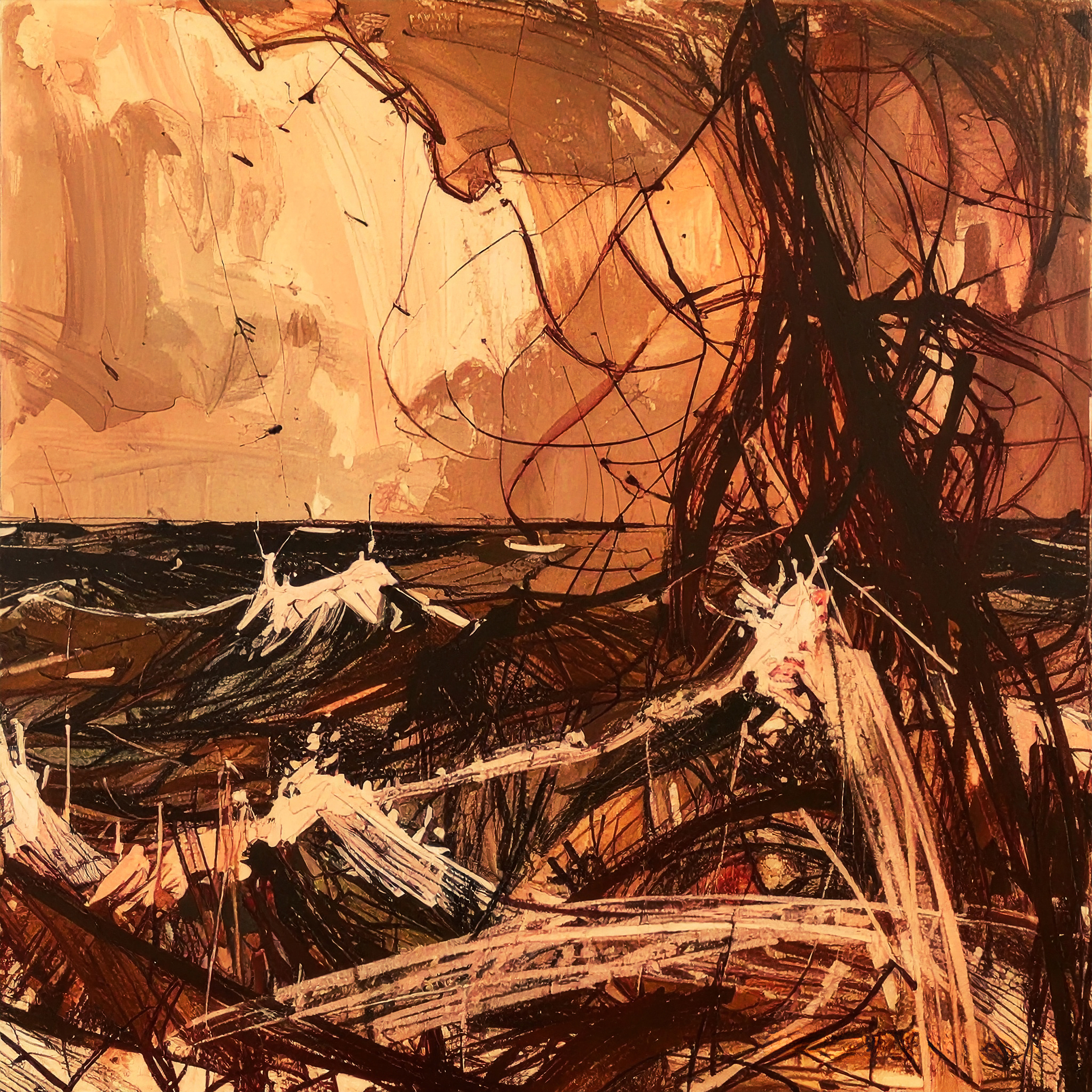 Abstract expressionist painting featuring explosive, earth-toned gestural marks and tangled black lines against a white background, representing raw energy and organic landscapes. A high-voltage abstract composition from Ihiri Haswani’s "Hybrid Reality: The Transmutations Series." The artwork features a dynamic interplay of warm earth tones—burnt sienna, ochre, and rust—colliding with stark black ink-like strokes and washes of white. The imagery suggests a recursive form of abstraction, where organic shapes resembling tangled roots, crashing waves, and storm-like surges explode across the canvas. Originating from the concept of "The Embrace," the figure is stripped away to reveal raw, visceral energy. The texture is frantic yet balanced, creating a visual dialogue between earthy grounding and electrified, divine expansion.