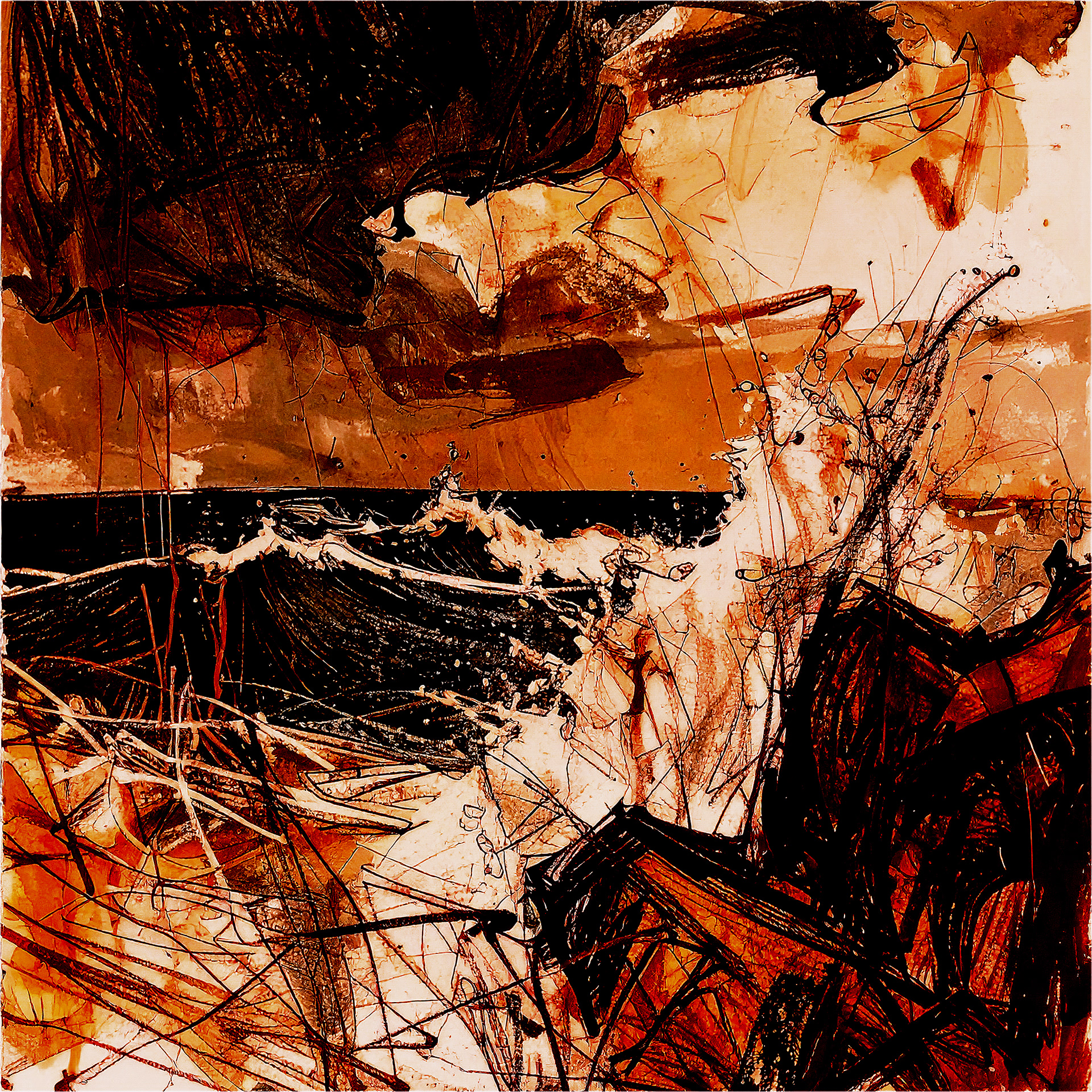 Abstract expressionist painting featuring explosive, earth-toned gestural marks and tangled black lines against a white background, representing raw energy and organic landscapes. A high-voltage abstract composition from Ihiri Haswani’s "Hybrid Reality: The Transmutations Series." The artwork features a dynamic interplay of warm earth tones—burnt sienna, ochre, and rust—colliding with stark black ink-like strokes and washes of white. The imagery suggests a recursive form of abstraction, where organic shapes resembling tangled roots, crashing waves, and storm-like surges explode across the canvas. Originating from the concept of "The Embrace," the figure is stripped away to reveal raw, visceral energy. The texture is frantic yet balanced, creating a visual dialogue between earthy grounding and electrified, divine expansion.