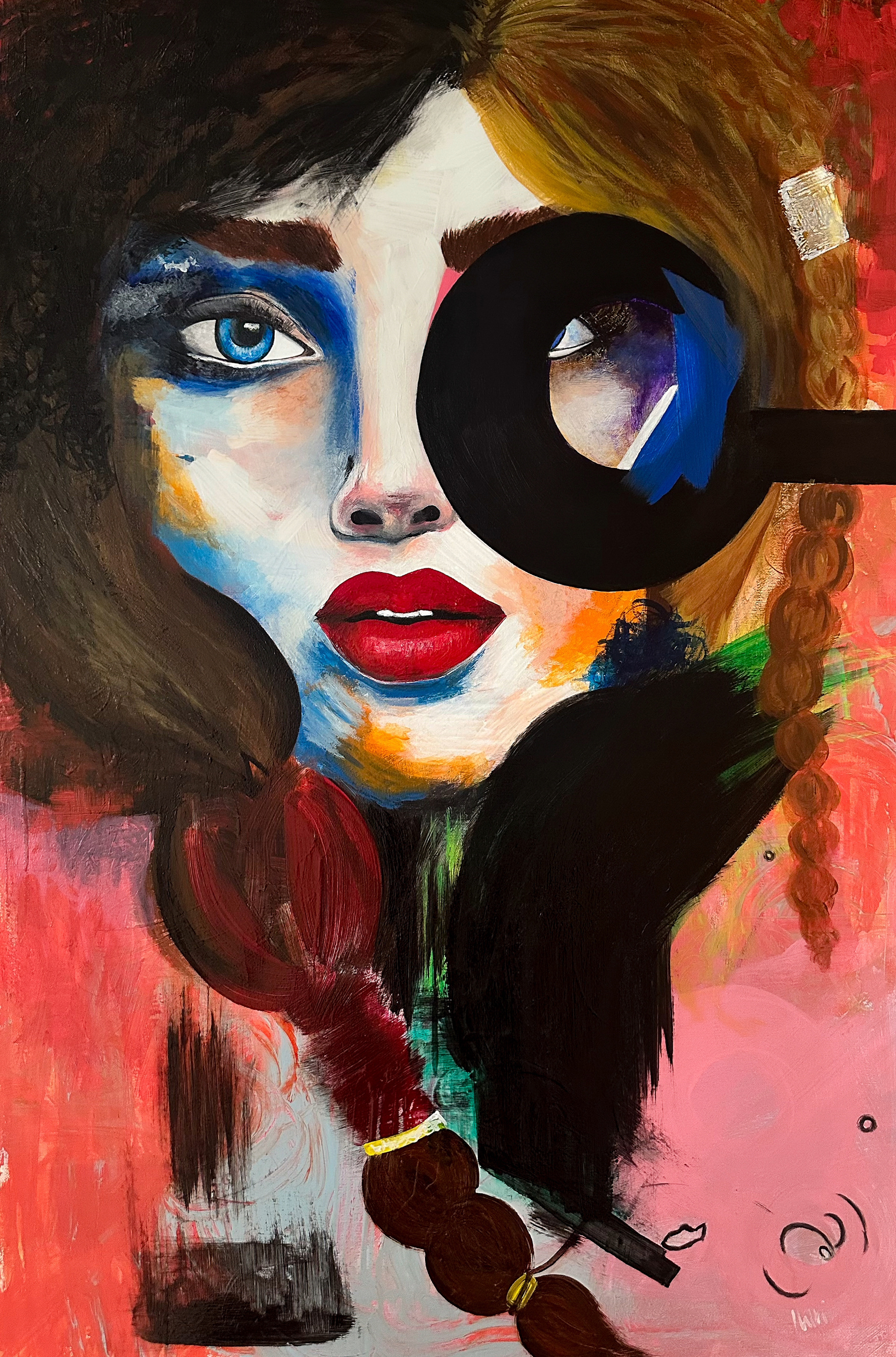 A vibrant, abstract expressionist portrait in acrylics on canvas titled "Urban Harmony." The painting features a woman's face with one blue eye and bold red lips. A large black circle covers the area where the other eye would be. The face is rendered with thick, white and blue brushstrokes, contrasting with the rich orange, pink, and dark brown abstract background. A vertical abstract portrait featuring a woman's face. The left eye is a vivid blue, while the right is covered by a large, solid black circle. The lips are a bold, full red. The face is rendered with thick, impasto-like strokes of white and blue paint over a sketched base. The background is a vibrant mix of gestural orange, pink, and light blue, with visible underdrawings and scribbled marks throughout, creating a chaotic yet cohesive urban energy.