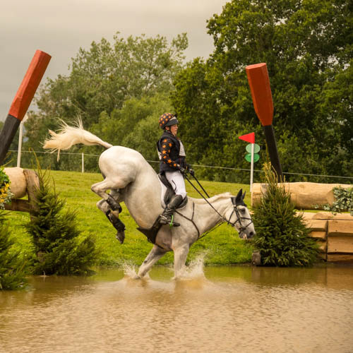 Horse landing in water jump