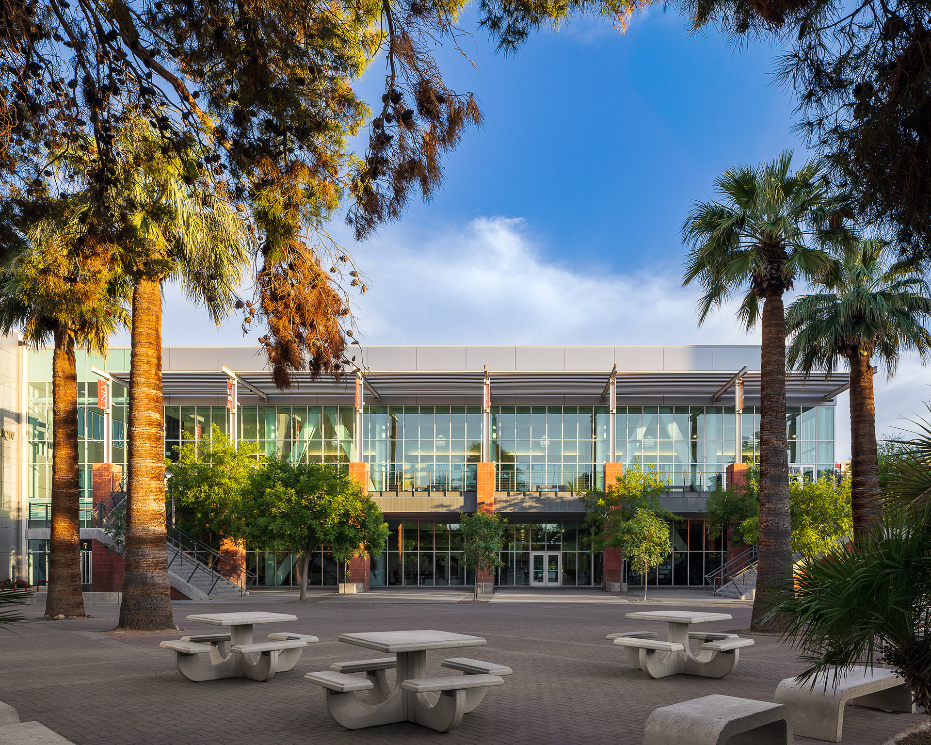 Modern campus building at the University of Nevada Las Vegas framed by palm trees and courtyard seating in Las Vegas.