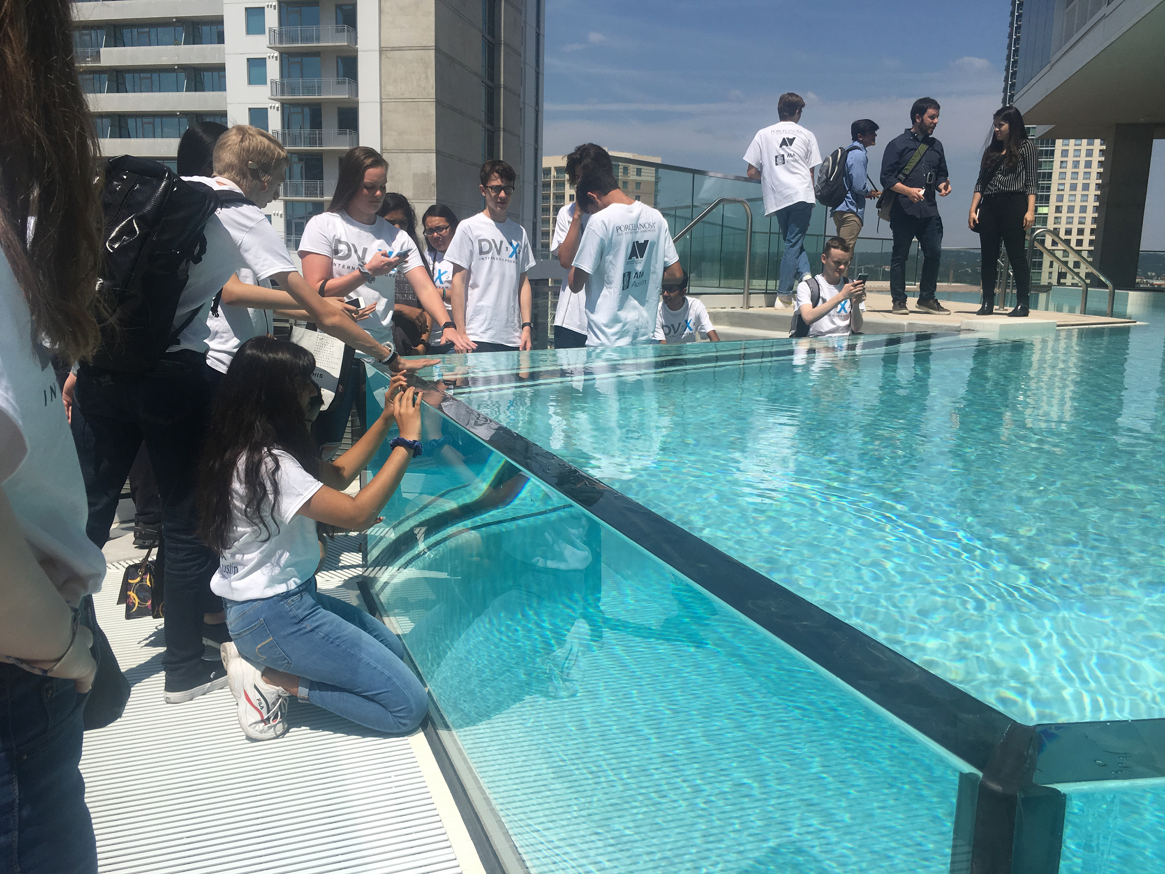 Site visit to a high-rise in downtown Austin. Explaining to the students the design and engineering process behind the pool