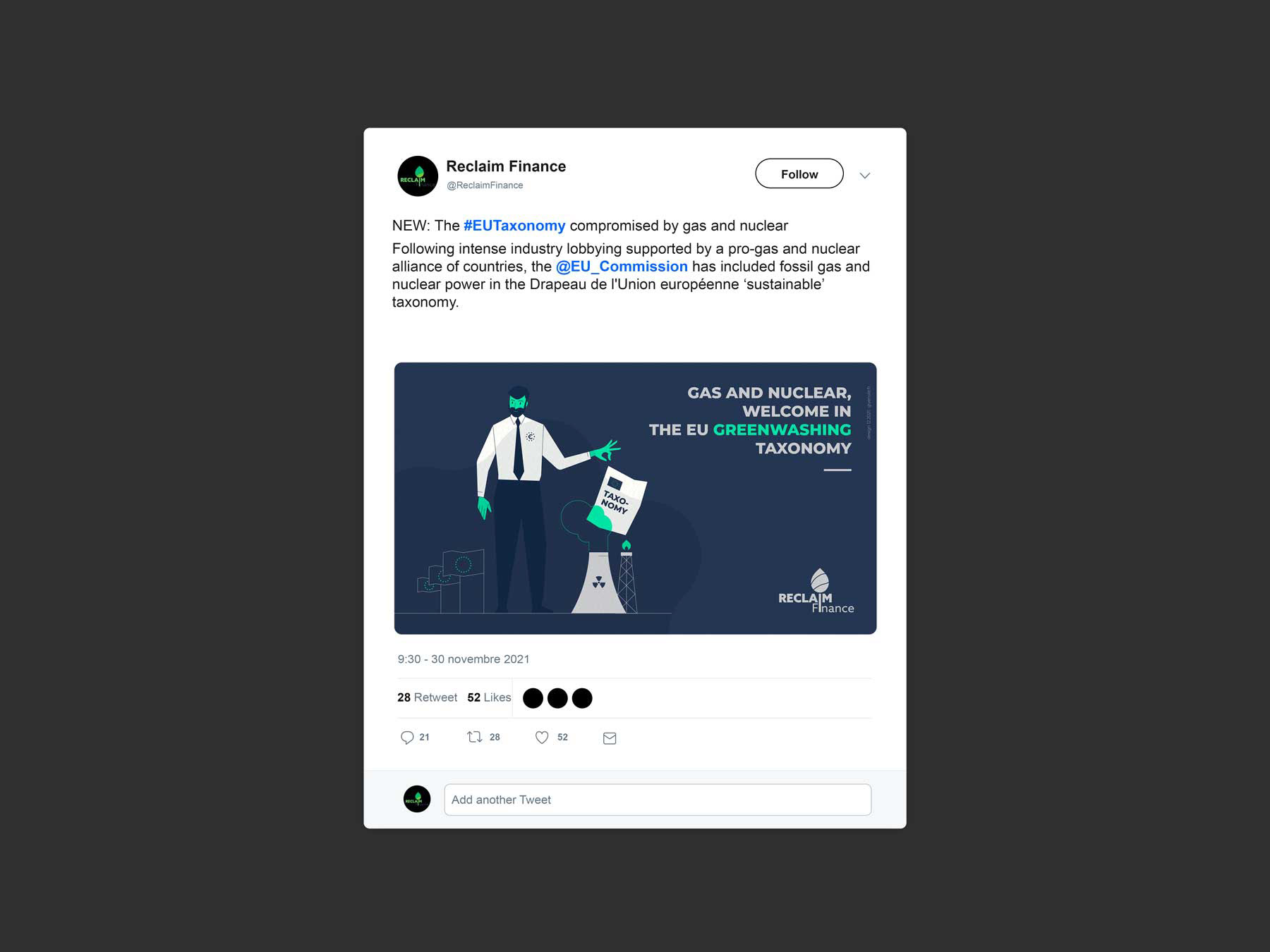 Publication de réseau social de Reclaim Finance avec illustration d'un personnage et d'un ordinateur sur fond bleu