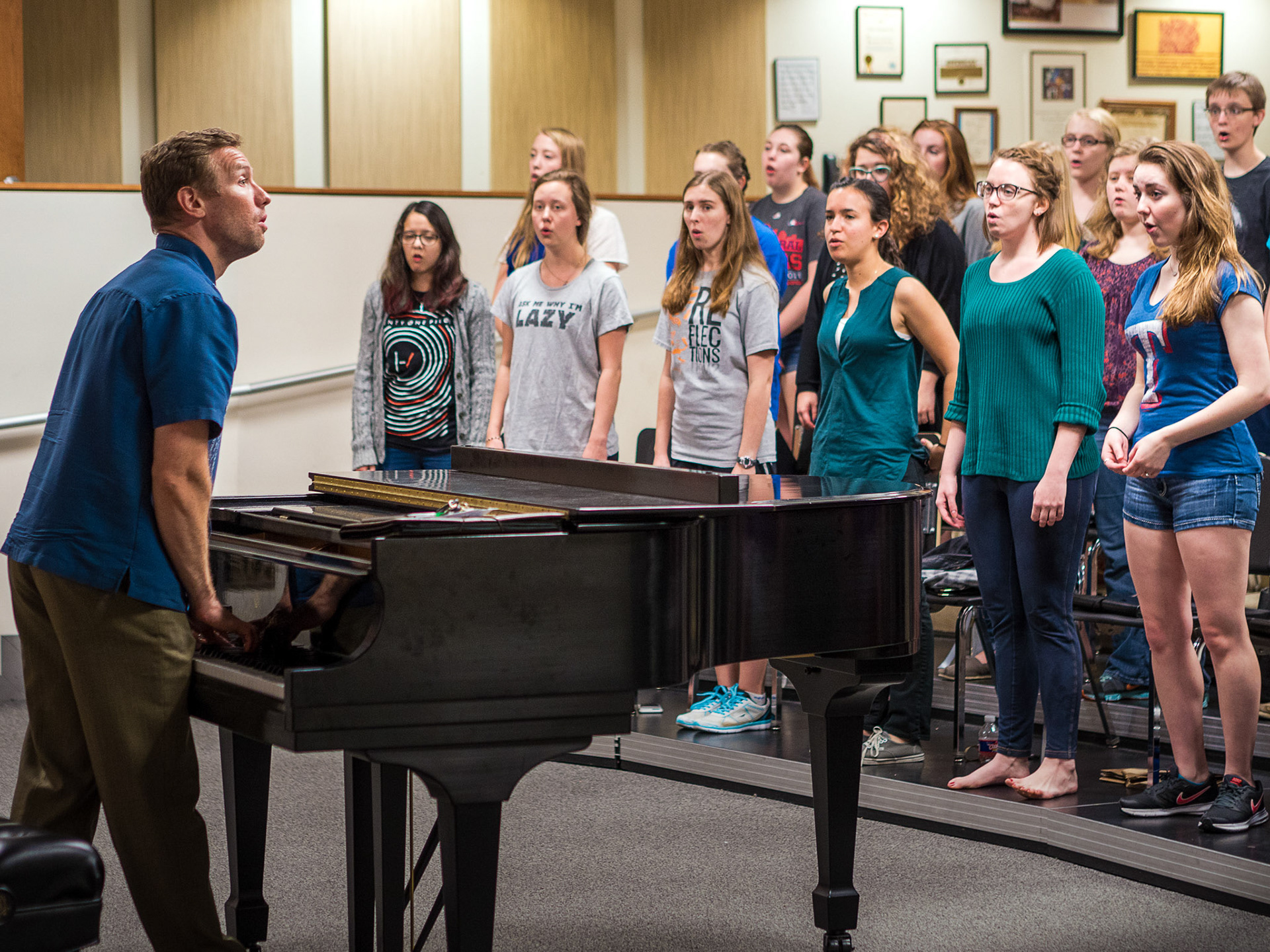 April 22, 2016 - Gary Seighman and the women participating in Tuesday's showcase prepare for their upcoming performance. The Celebration of Women's Voices began in 2010 and benefits the Battered Women and Children's Shelter of San Antonio.