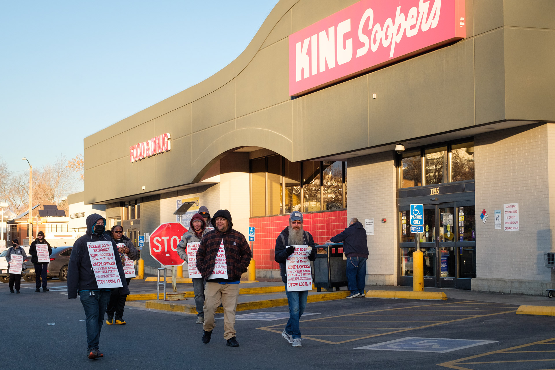 King Soopers employees picket on the first day of the planned strike with the UFCW Local 7 union Thursday, Feb. 6, 2025 at the King Soopers on E 9th Ave. in downtown Denver. The strike is planned to continue for two weeks. (Claudia A. Garcia, Special to The Colorado Sun)