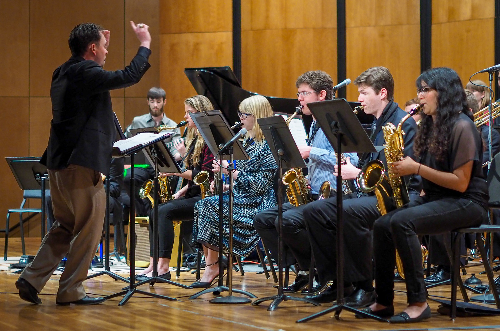 April 15, 2016 - Director Dustin Jessop conducts the Trinity Jazz Ensemble's annual spring performance in the Ruth Taylor recital hall.