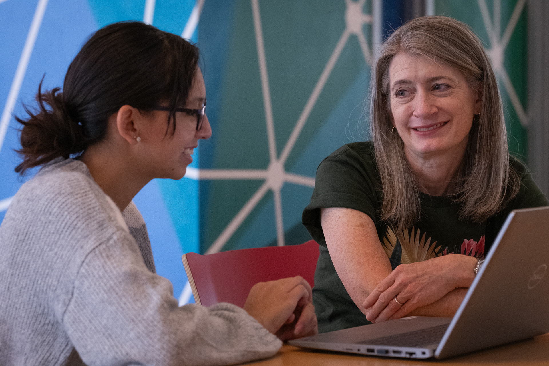 From left, Amy Carrillo-Rodriguez, MSU junior and DSF Scholar, and Natasha Garfield, Director of Scholarships with the Denver Scholarship Foundation, discuss Amy’s first days of classes, Monday, Aug. 26, at the MSU Campus in downtown Denver. The Denver Scholarship Foundation is a nonprofit helping Denver Public Schools students access post-secondary education through scholarships and ongoing support services beginning in ninth grade. (Claudia A. Garcia, Special to The Colorado Sun)