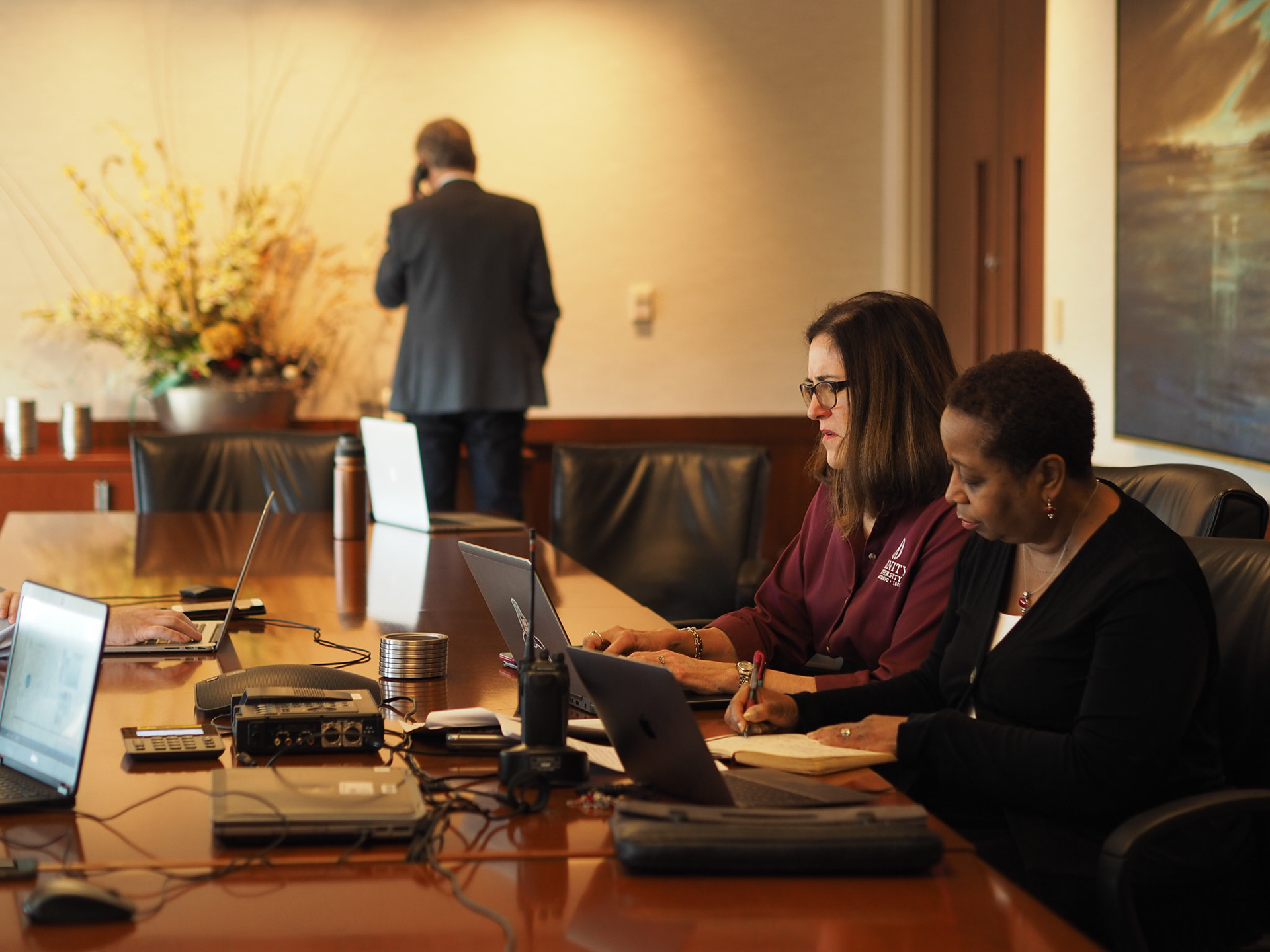 March 3, 2017 - During a bomb threat exercise, Dr. Sheryl Tynes (left) and Dr. Deneese Jones (right) are debriefed on developments in the situation.