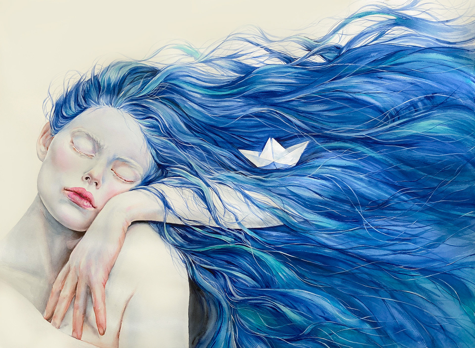 Woman in paper boat in her hair - I Remember Tomorrow - watercolor on paper  by Karamfila Siderova-Bineva