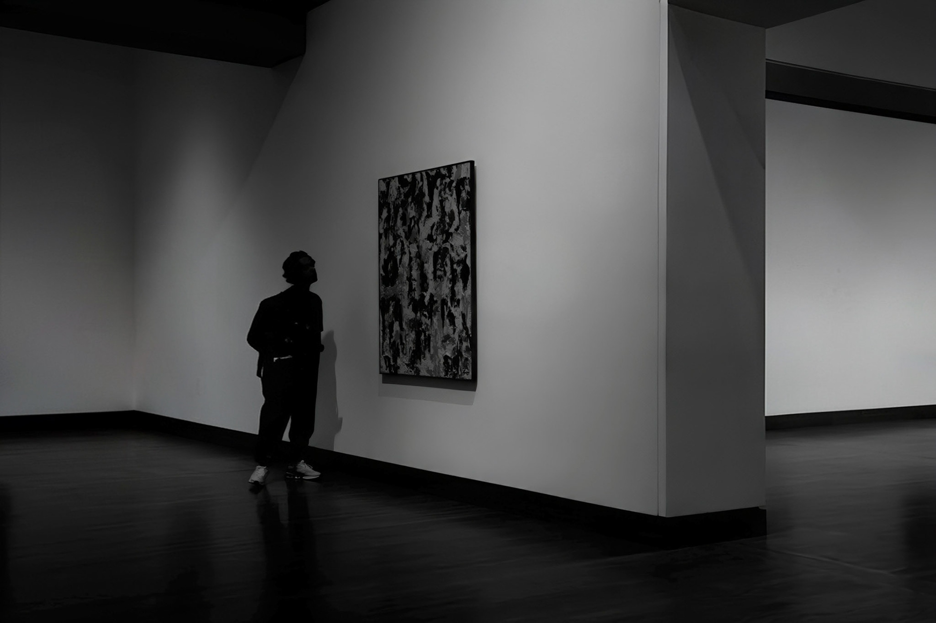 The Contemplative: A monochrome photograph taken inside a spacious, minimalist art gallery. A lone person stands in profile, silhouetted against the bright wall as they gaze intently at a framed abstract painting. The composition uses the clean lines of the gallery architecture, sharp contrasts between light and shadow, and the polished dark floor to create a sense of stillness and focus.