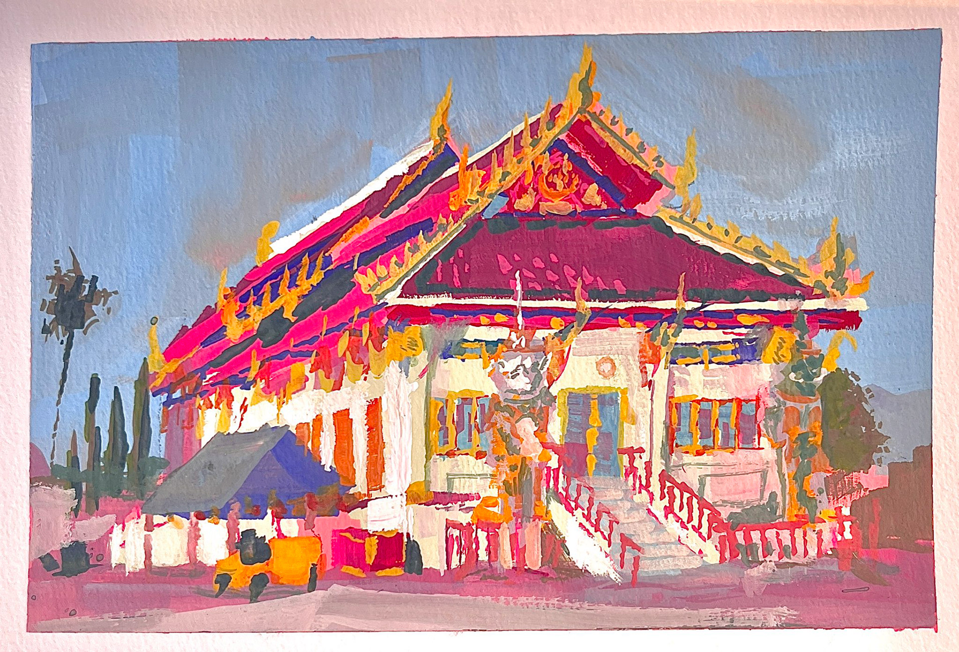Wat Thai of Los Angeles - Gouache on Watercolor Paper