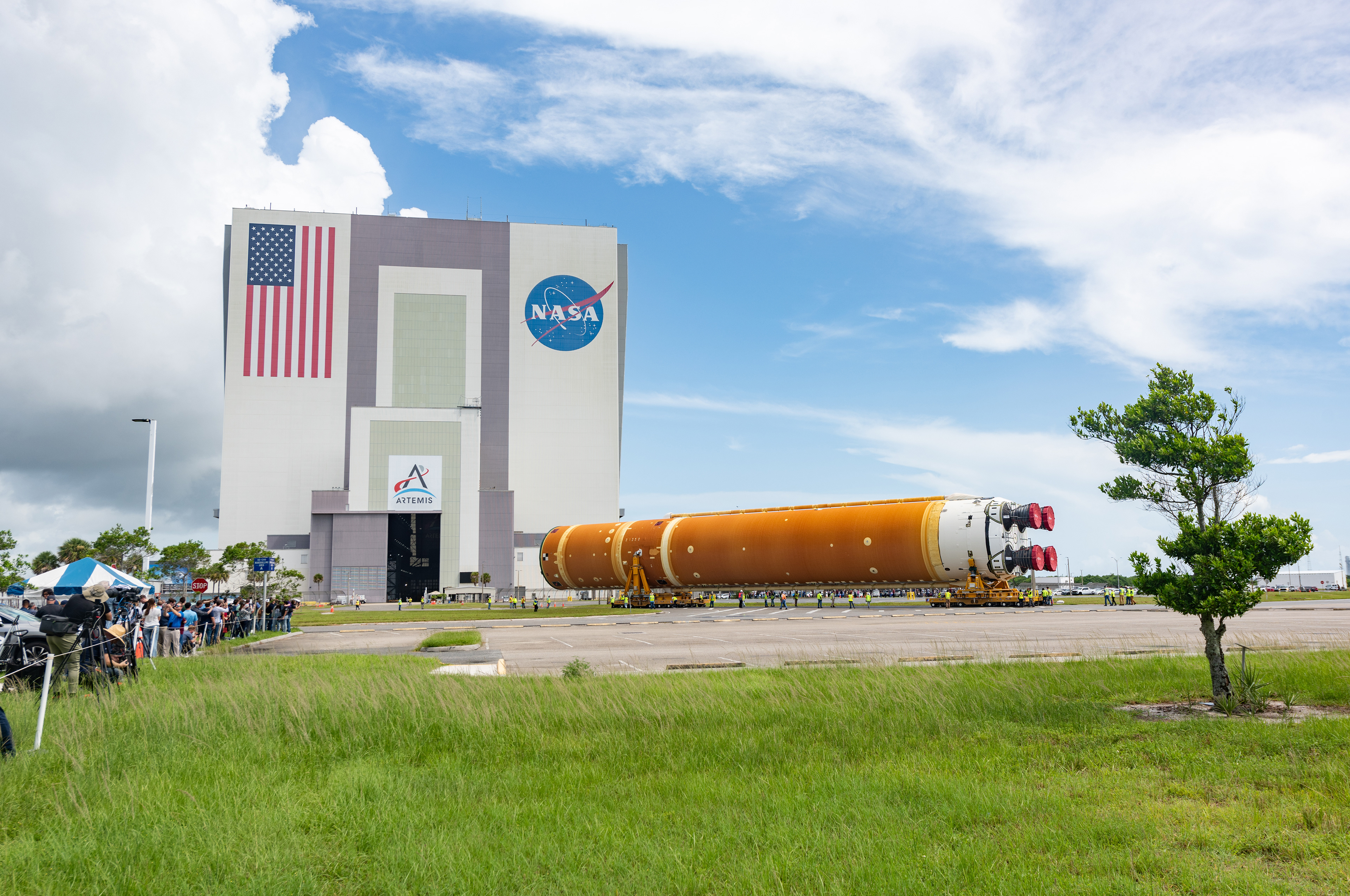 July 2024- SLS Core Stage 2 is offloaded from NASA's Pegasus Barge and transported to the Vehicle Assembly Building.