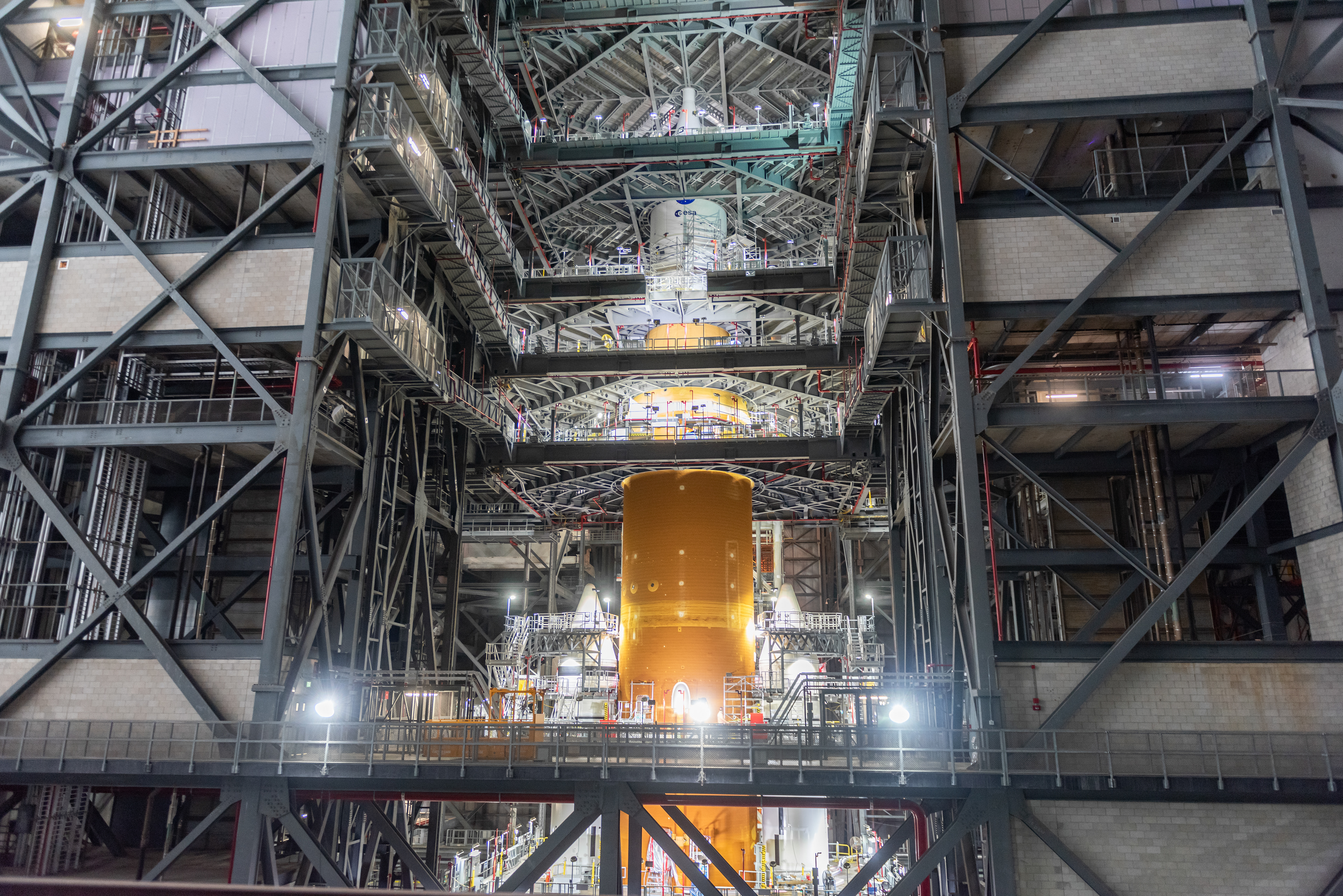 Space Launch System is seen being assembled inside high-bay 3 of NASA's Vehicle Assembly Building on December 20, 2021.