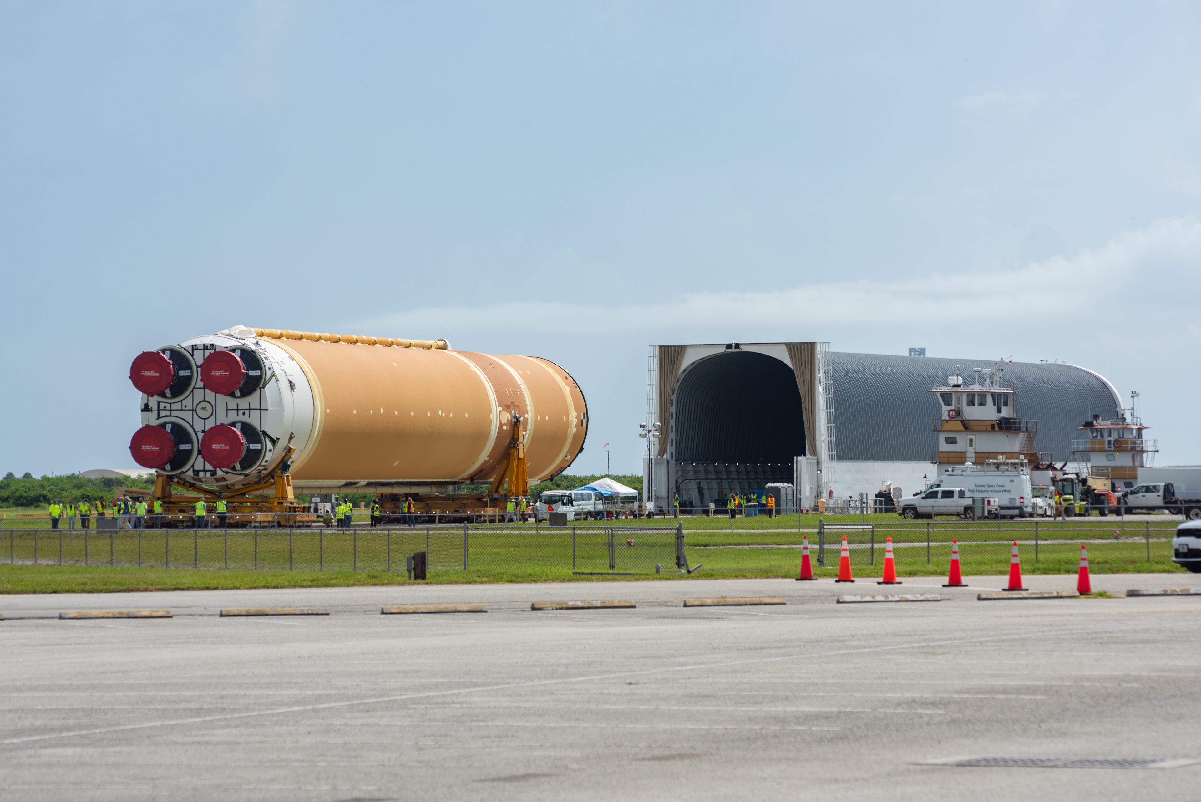 July 2024- SLS Core Stage 2 is offloaded from NASA's Pegasus Barge and transported to the Vehicle Assembly Building.