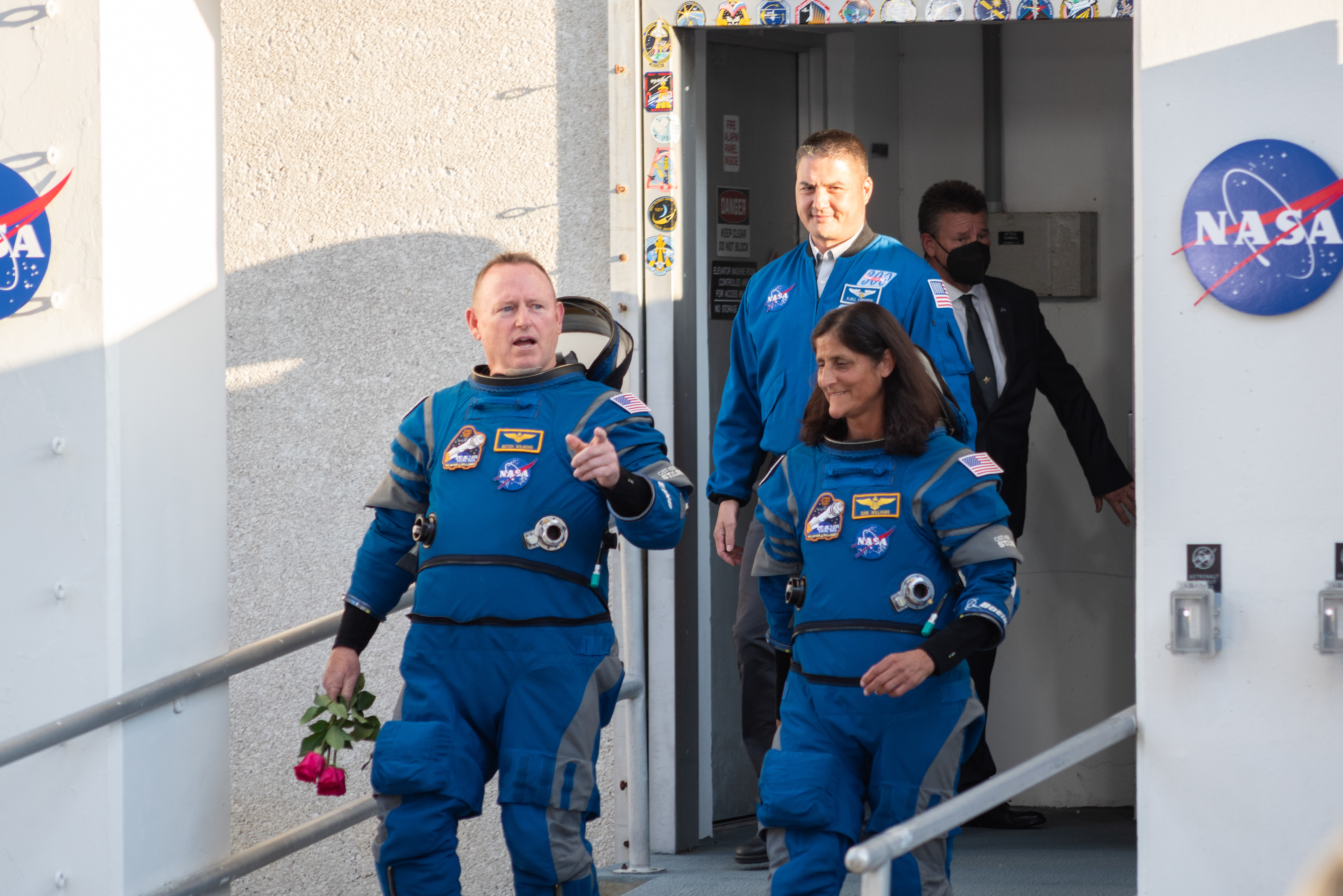 May 6, 2024: NASA astronauts Butch Wilmore and Suni Williams are seen at the Crew Walkout event ahead of the first launch attempt of the Starliner Crew Flight Test mission. The launch would later be scrubbed once they were strapped into the capsule due to a faulty liquid oxygen valve on the Centaur second stage of the Atlas V rocket.