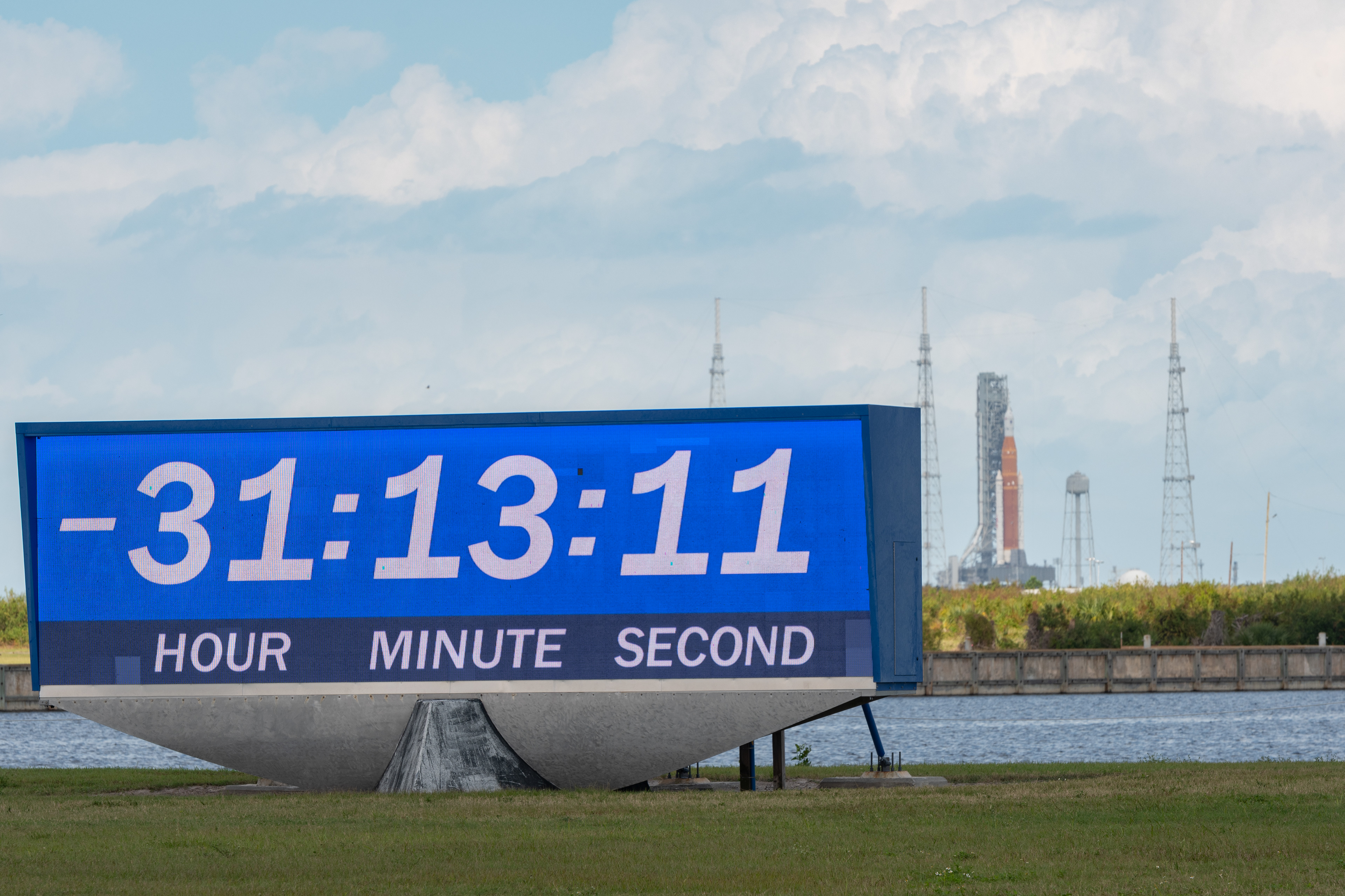 The famous countdown clock is seen on November 14, 2022 with SLS in the background. The clock is counting down to the scheduled launch time on November 16, 2022.