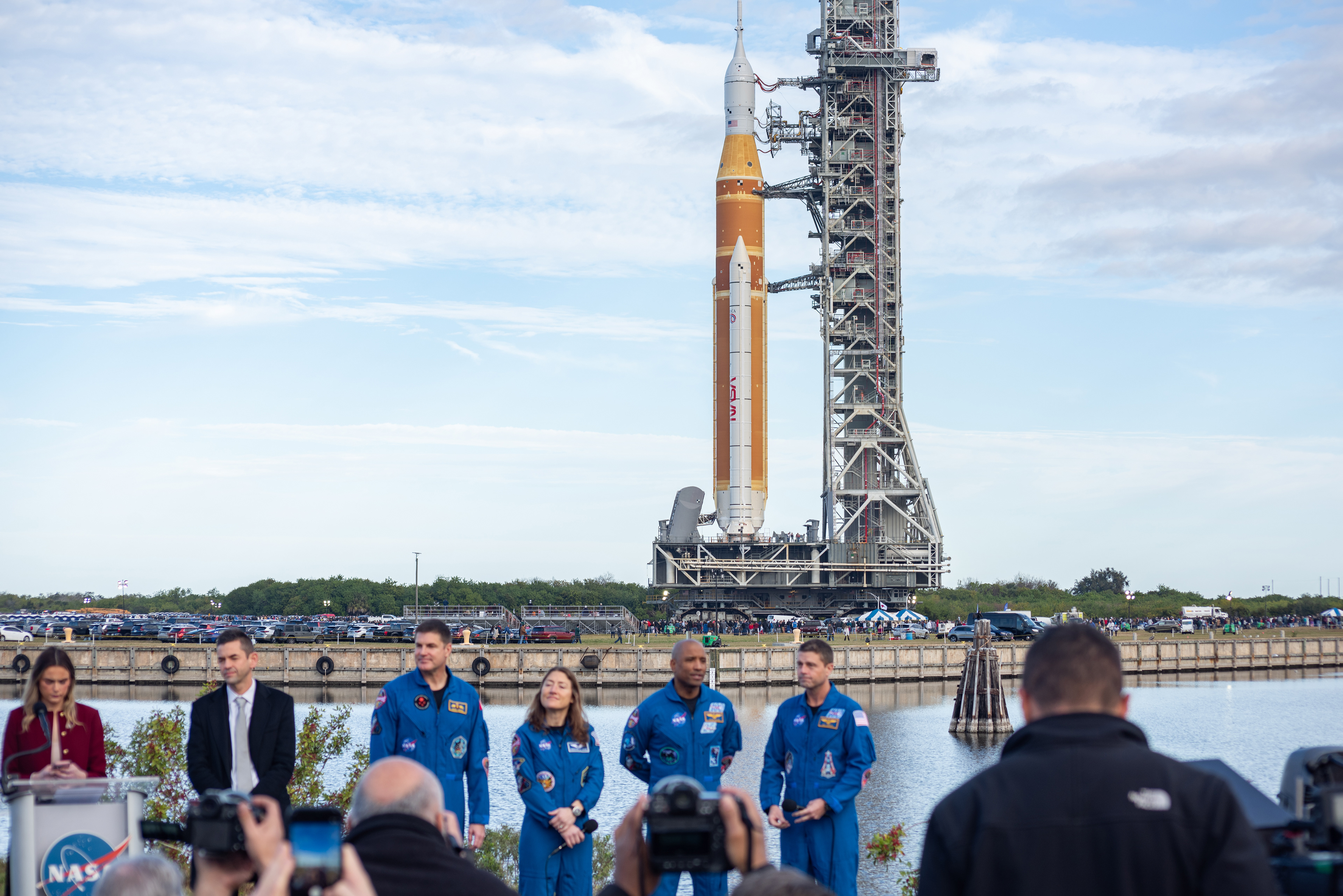 January 2026- The crew of Artemis II, alongside NASA's Administrator, Jared Isaacman, hold a press gaggle as the SLS rocket is rolled to LC-39B.