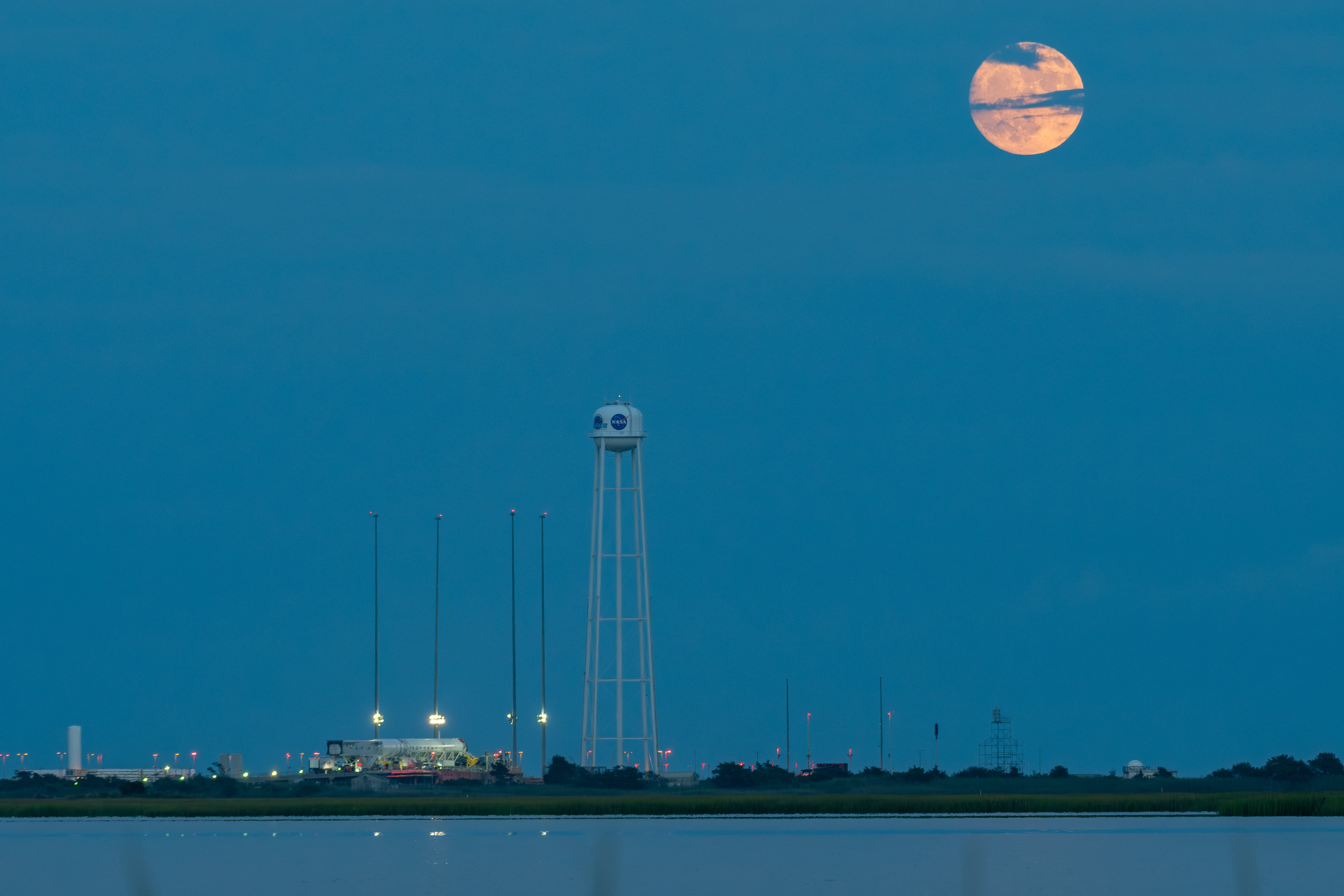 Moonrise over a horizontal Antares 230+ on July 31, 2023.
