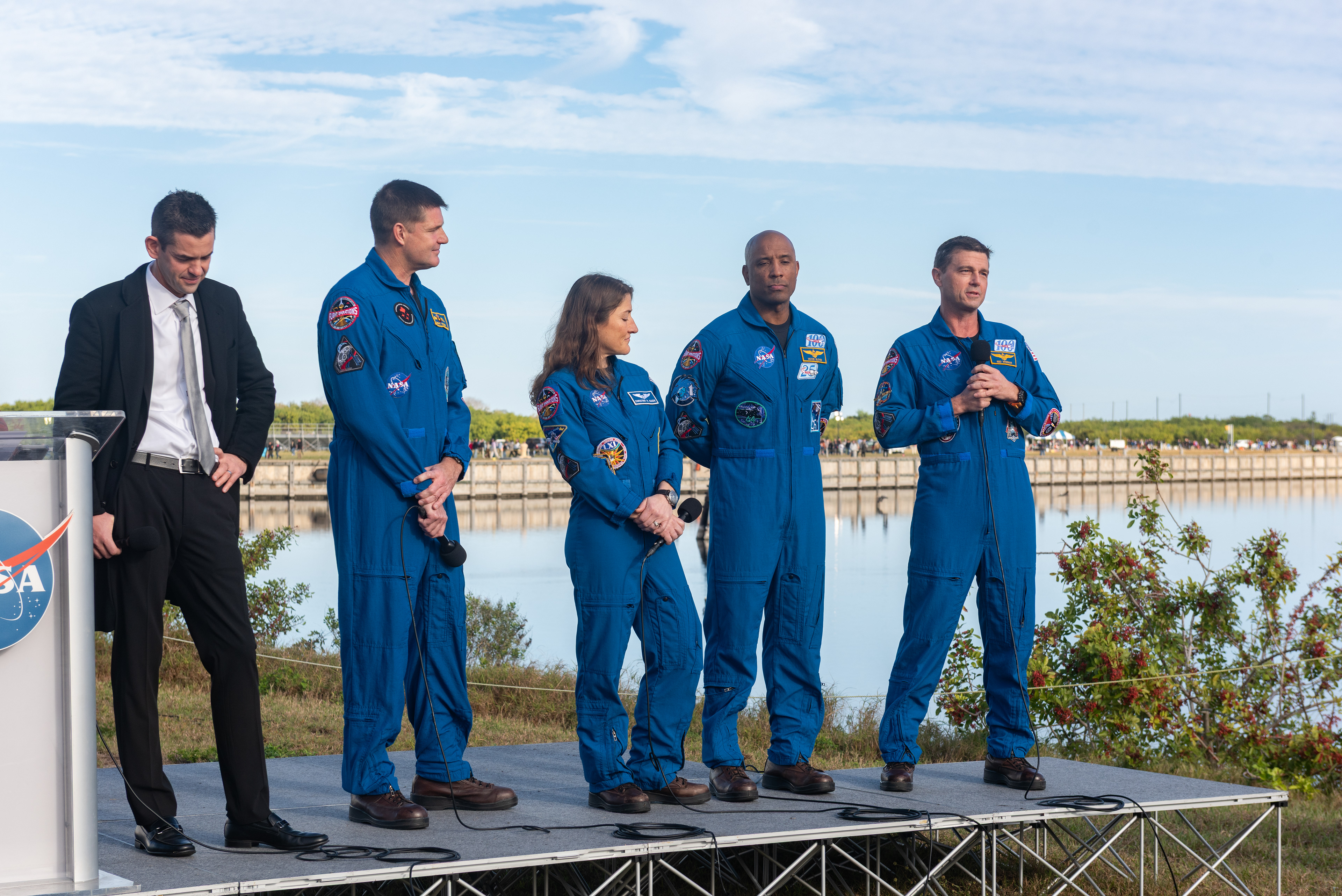 January 2026- The crew of Artemis II, alongside NASA's Administrator, Jared Isaacman, hold a press gaggle.