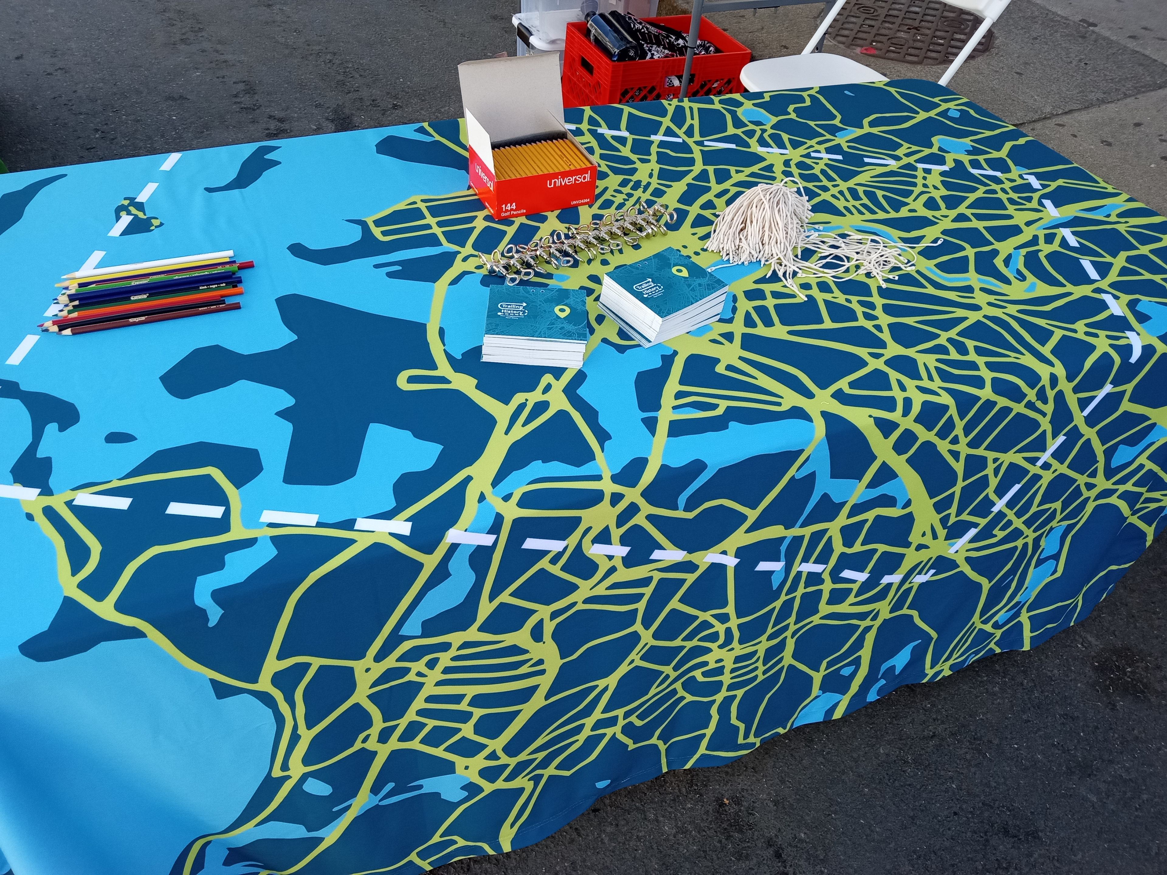 map table cloth of present day boston neighborhoods with printed cards
