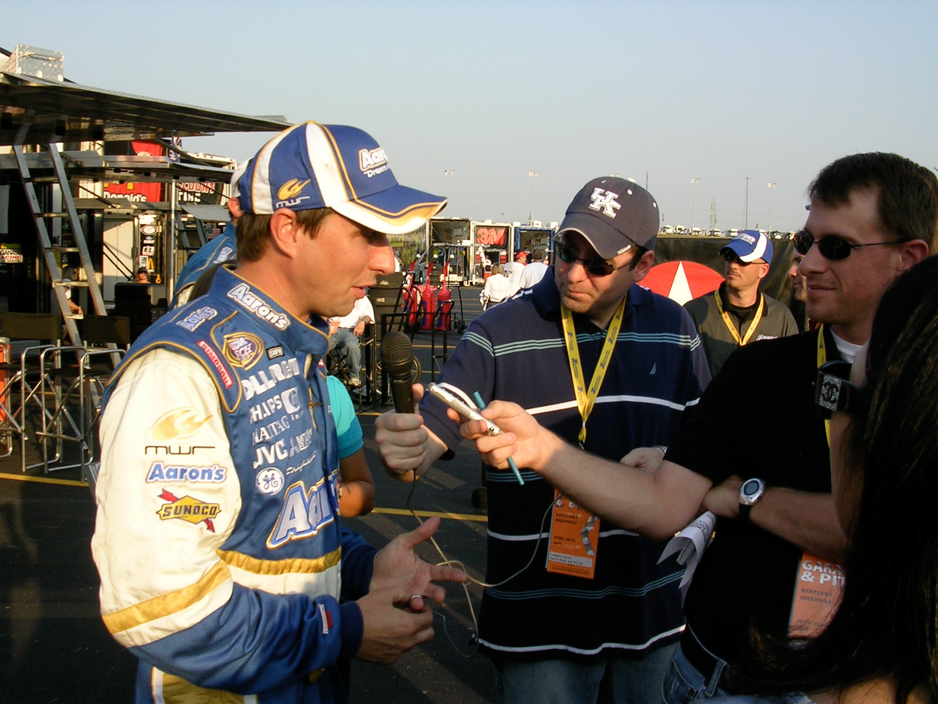 My photo of my friend Leland Conway interviewing David Reutimann – NASCAR driver at Kentucky Speedway, MWR/Aaron’s Dream Machine