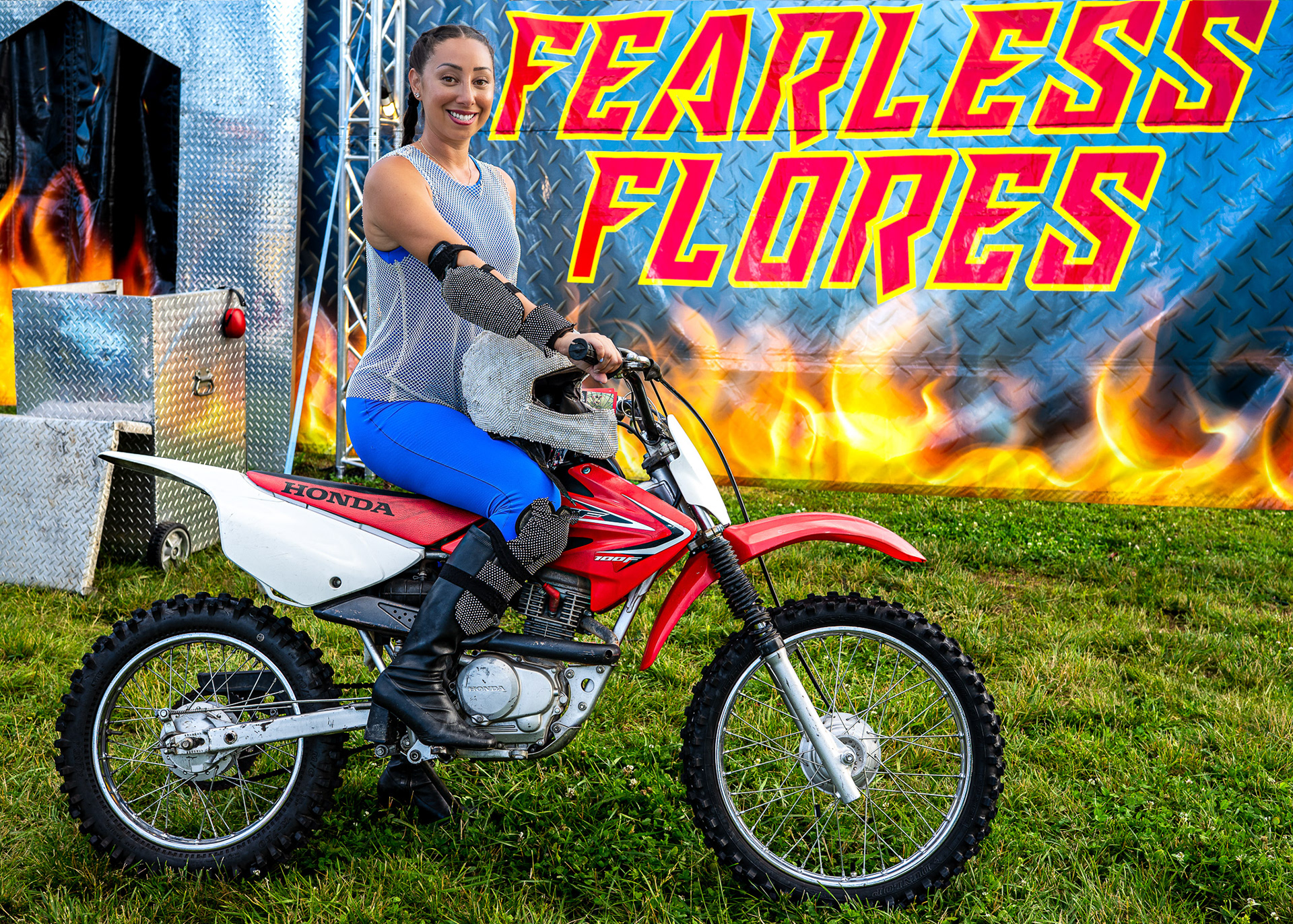 Cyndel Flores – Guinness World Record–holding motorcycle stunt rider, photographed during a Lexington performance in 2023. Known for her appearances on America’s Got Talent with the Flores Family.