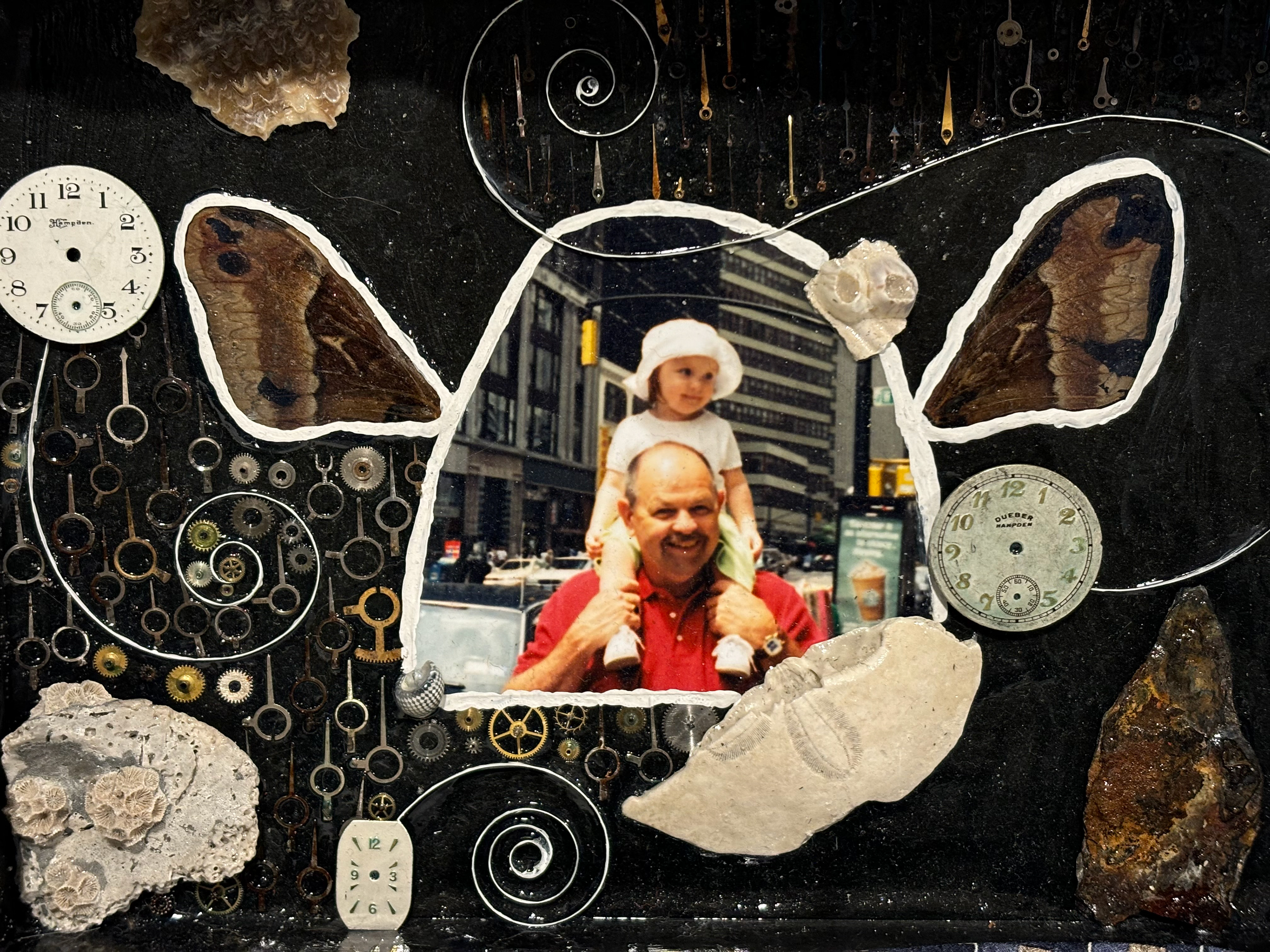 Shrine of Papa for me, Photo of Papa and I, shell, rock, butterfly wings, watch parts, paint, Papa's ties, Ellicott city MD