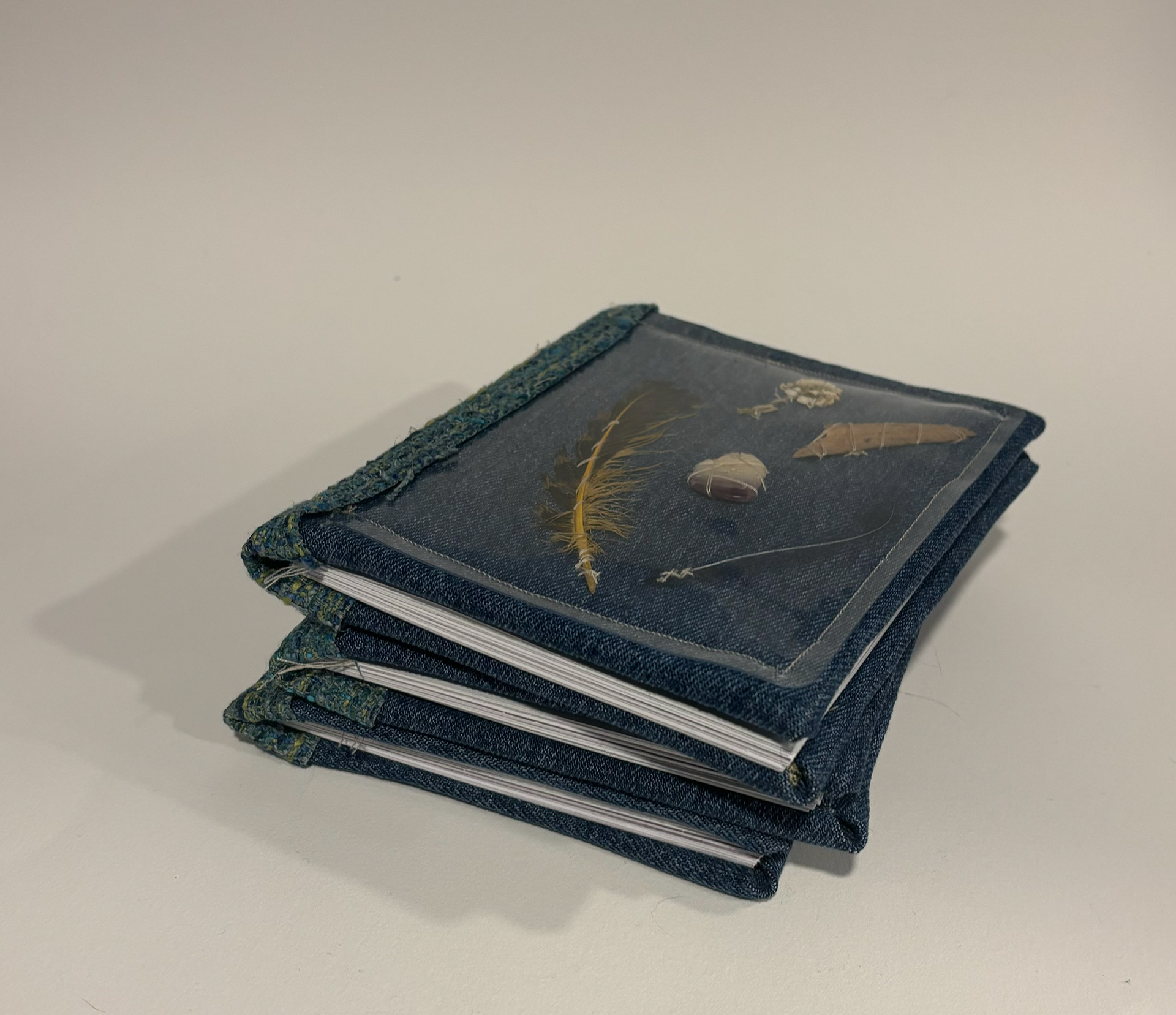 Book Project for Finding Words Class at MICA, 2025, Cardboard, thrifted fabric, glue, feather, dried flower, shell, wood, whisker from my cat peanut, Ellicott City MD