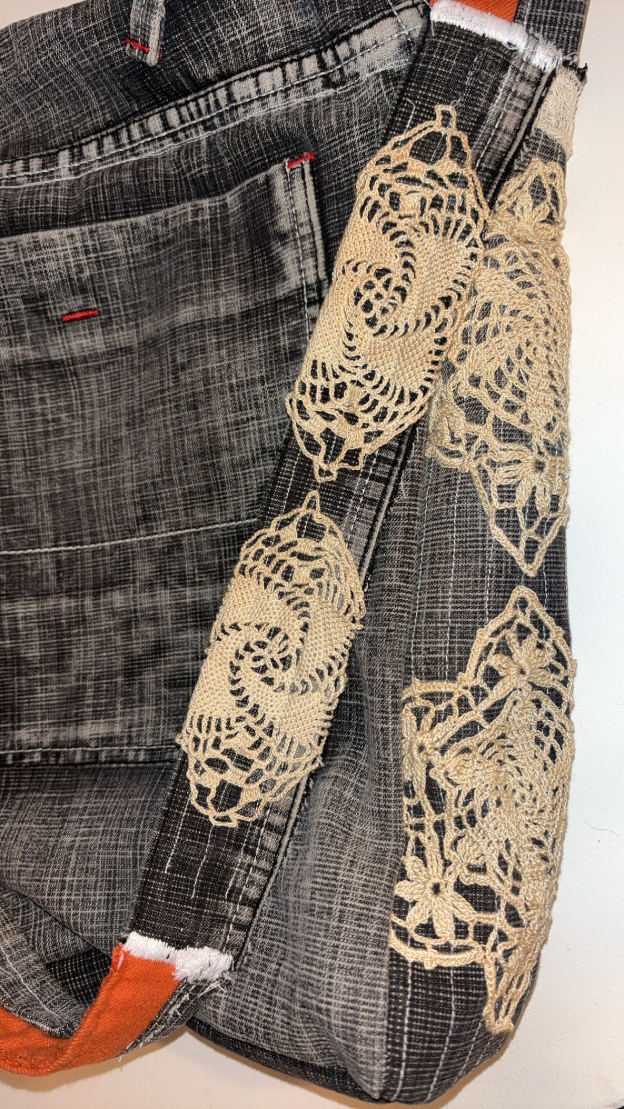 Dragonfly bag, 2024, Thrifted fabric: jeans, shirt, doille, Ellicott City MD