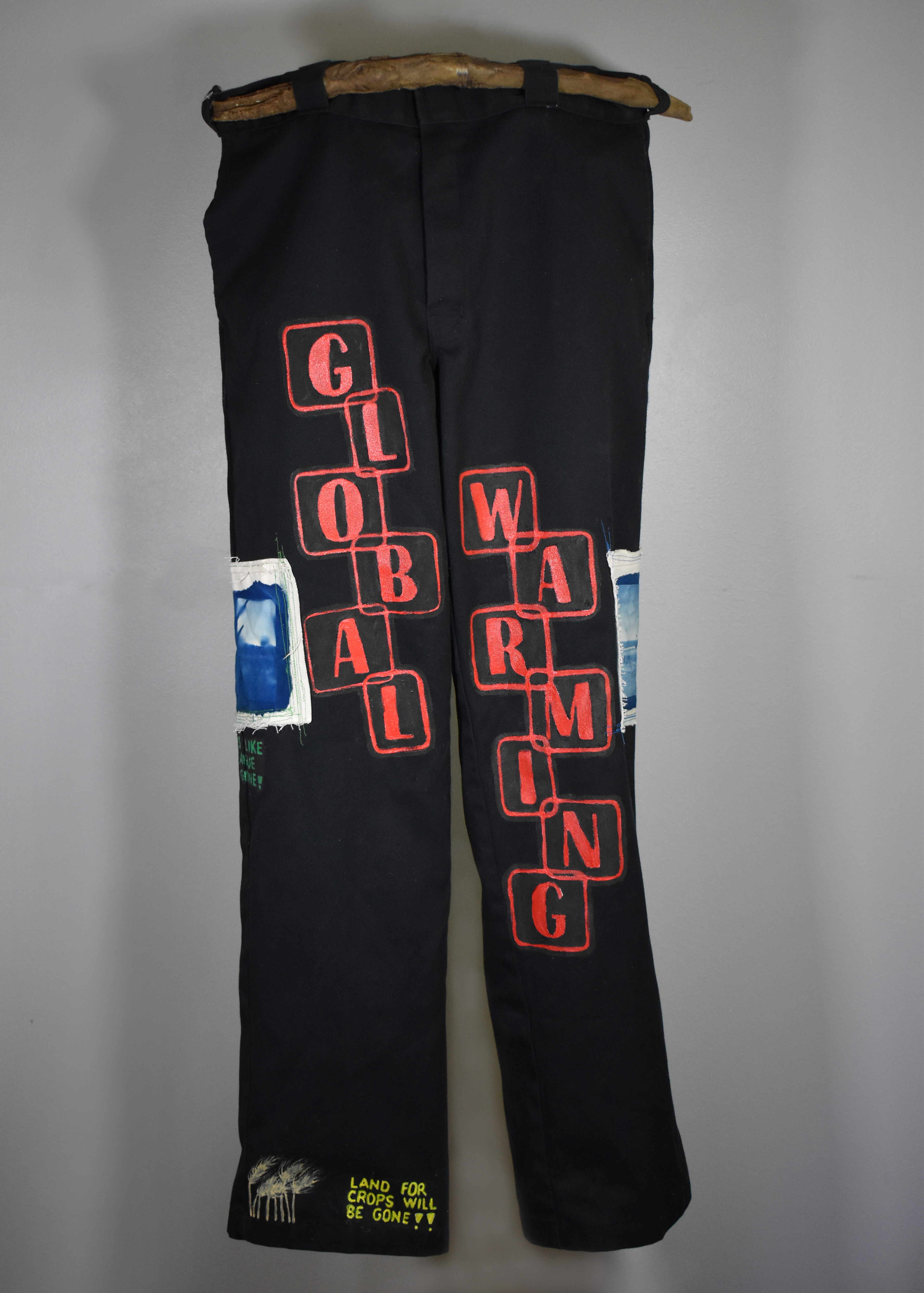 Global Warming Pants, 2022, pants, fabric paint, cyanotypes, Senior Exhibition (Express Your Thoughts On...)
