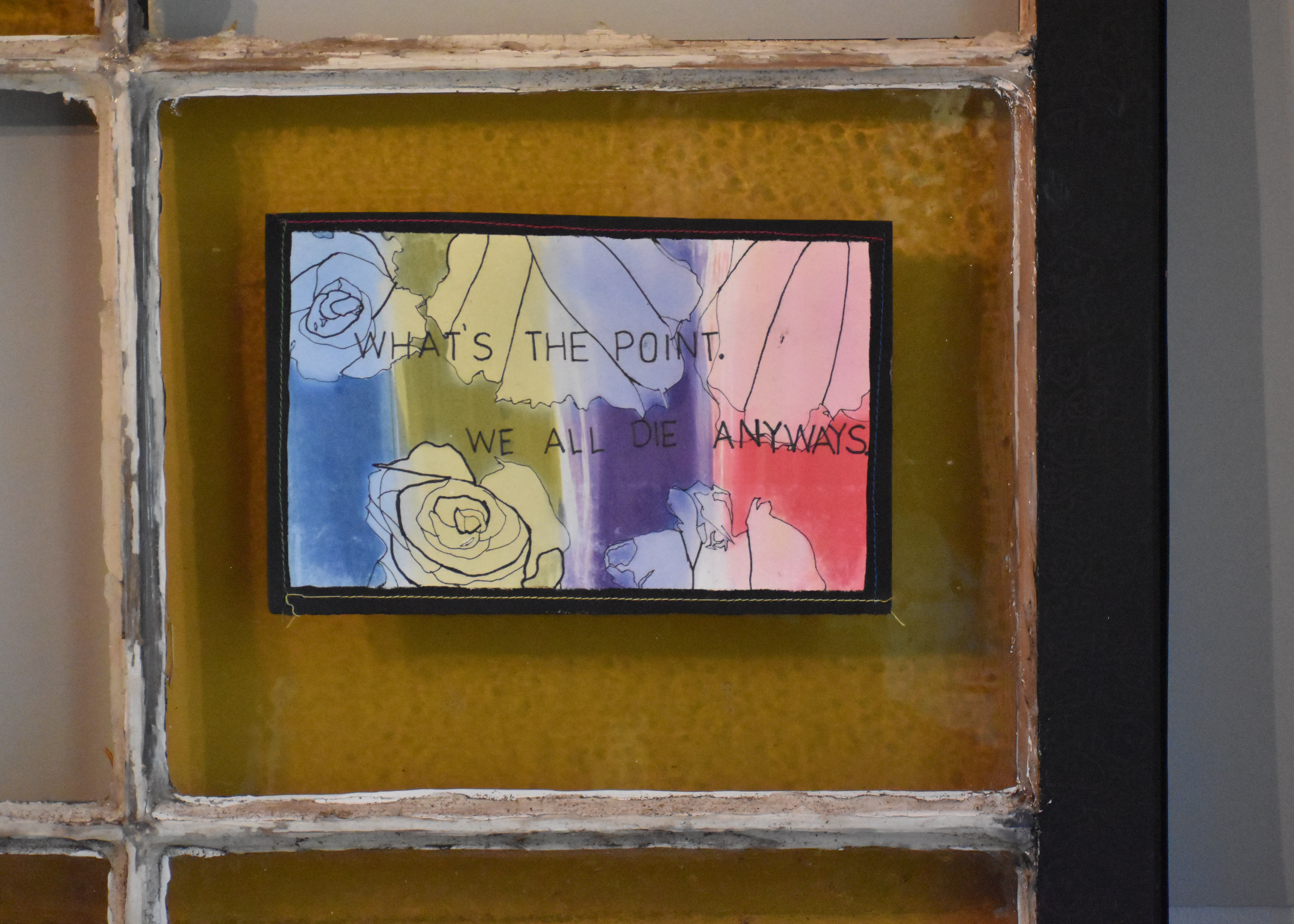 Close-up Please, Look in Front of You, 2022, Antique church window, cyanotype on paper, thread, acrylic, sharpie, wood, soil, succulent, Salisbury University