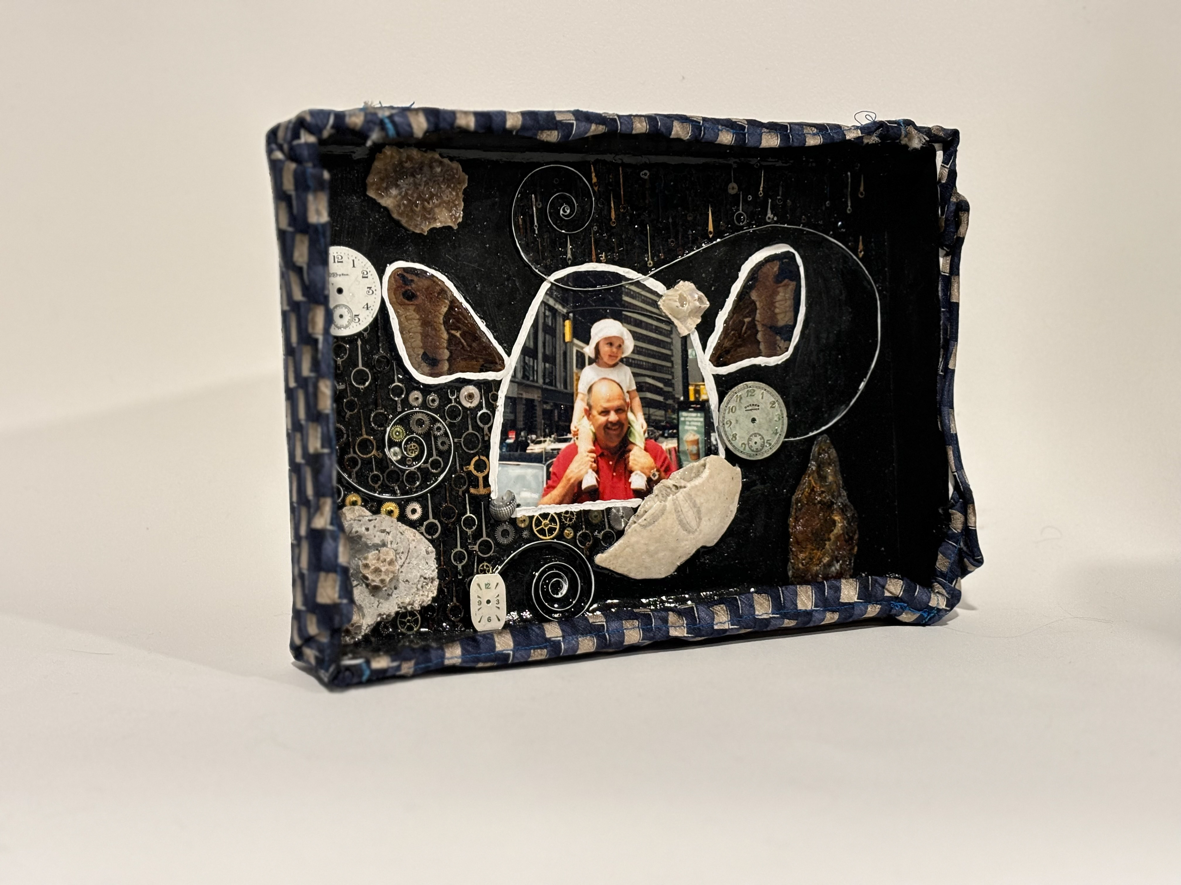 Shrine of Papa for me, Photo of Papa and I, shell, rock, butterfly wings, watch parts, paint, Papa's ties, Ellicott city MD