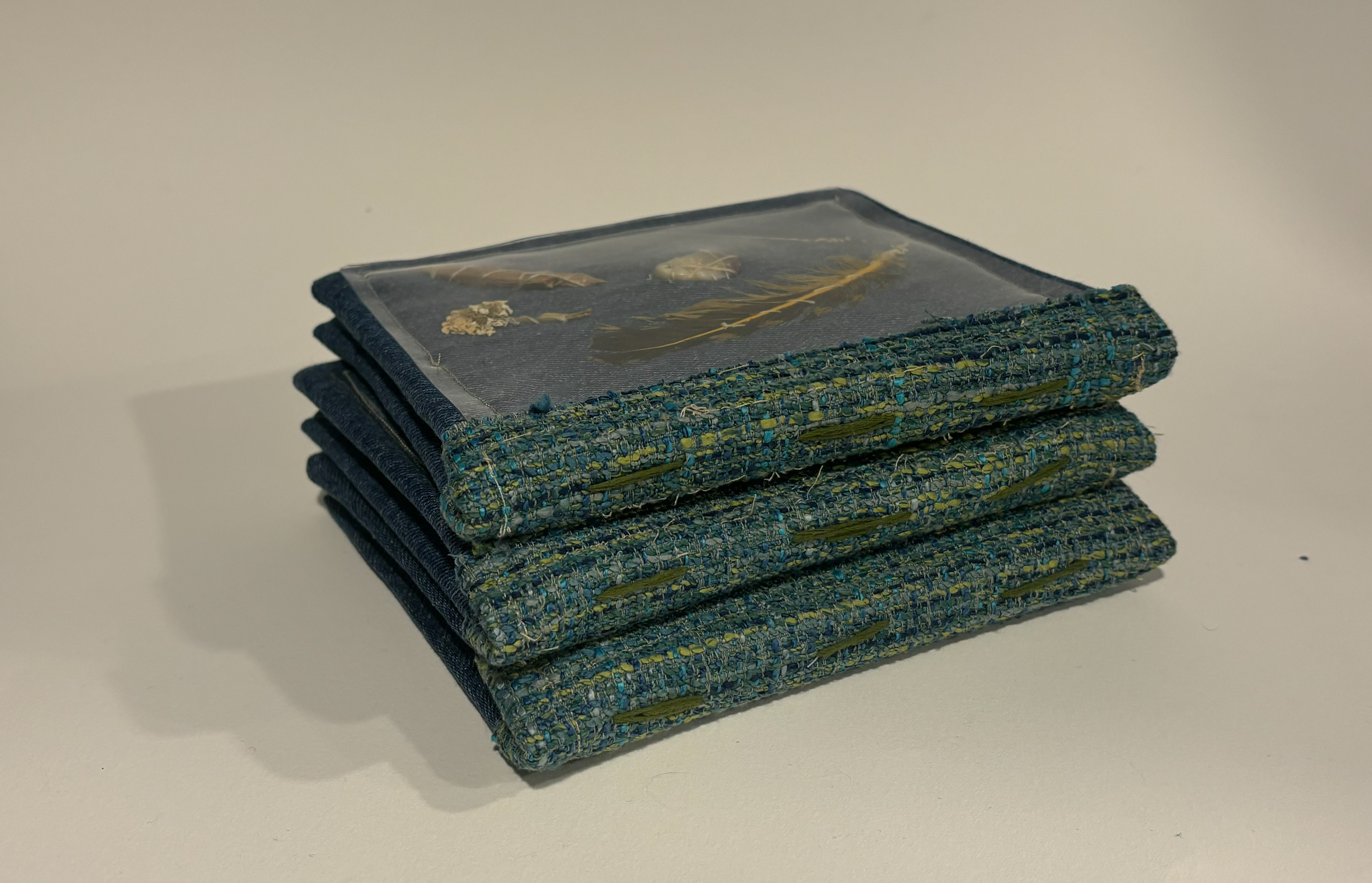 Book Project for Finding Words Class at MICA, 2025, Cardboard, thrifted fabric, glue, feather, dried flower, shell, wood, whisker from my cat peanut, Ellicott City MD