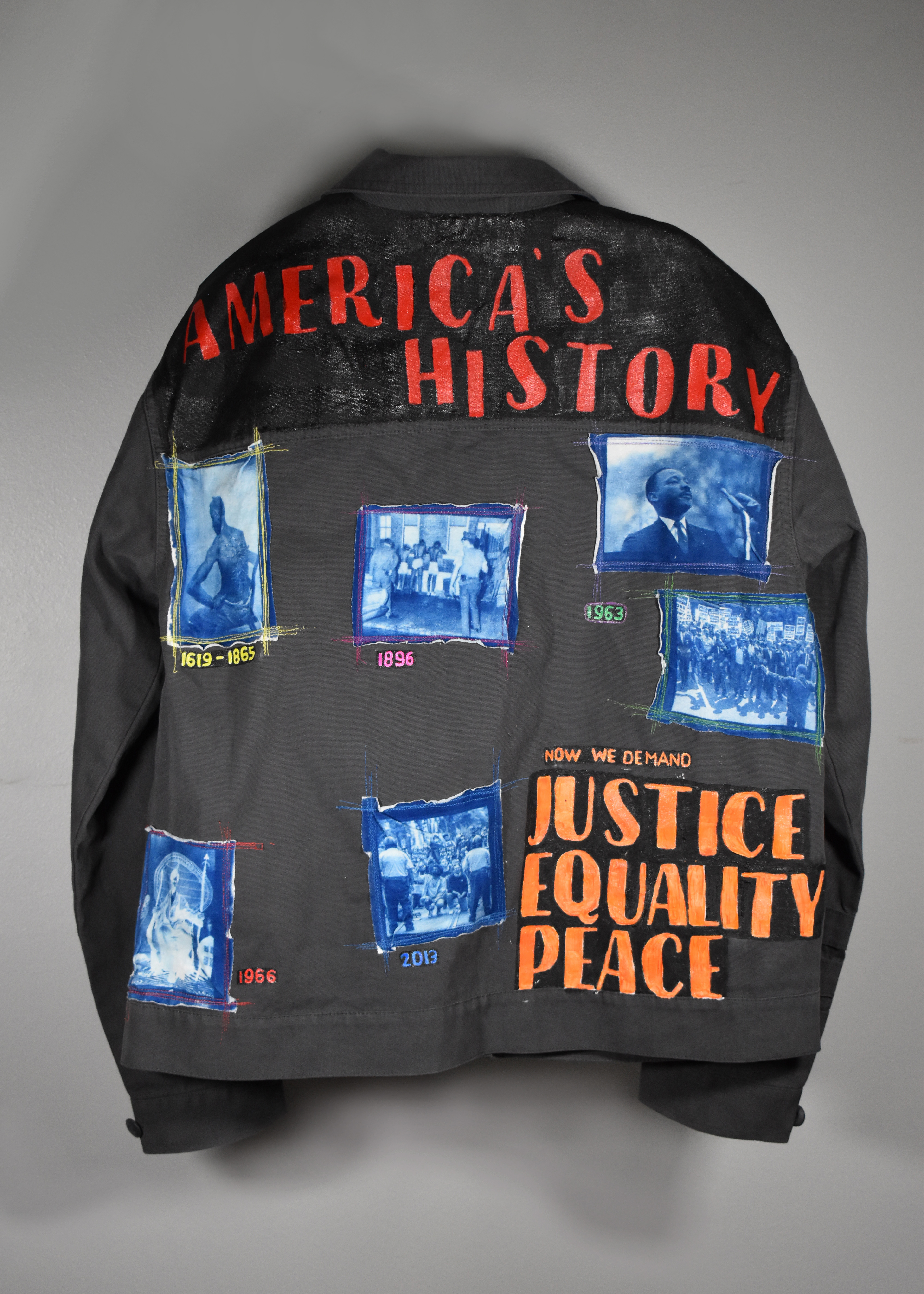 Black Lives Matter Now and Always, 2022, Jacket, fabric paint, cyanotypes, Salisbury University