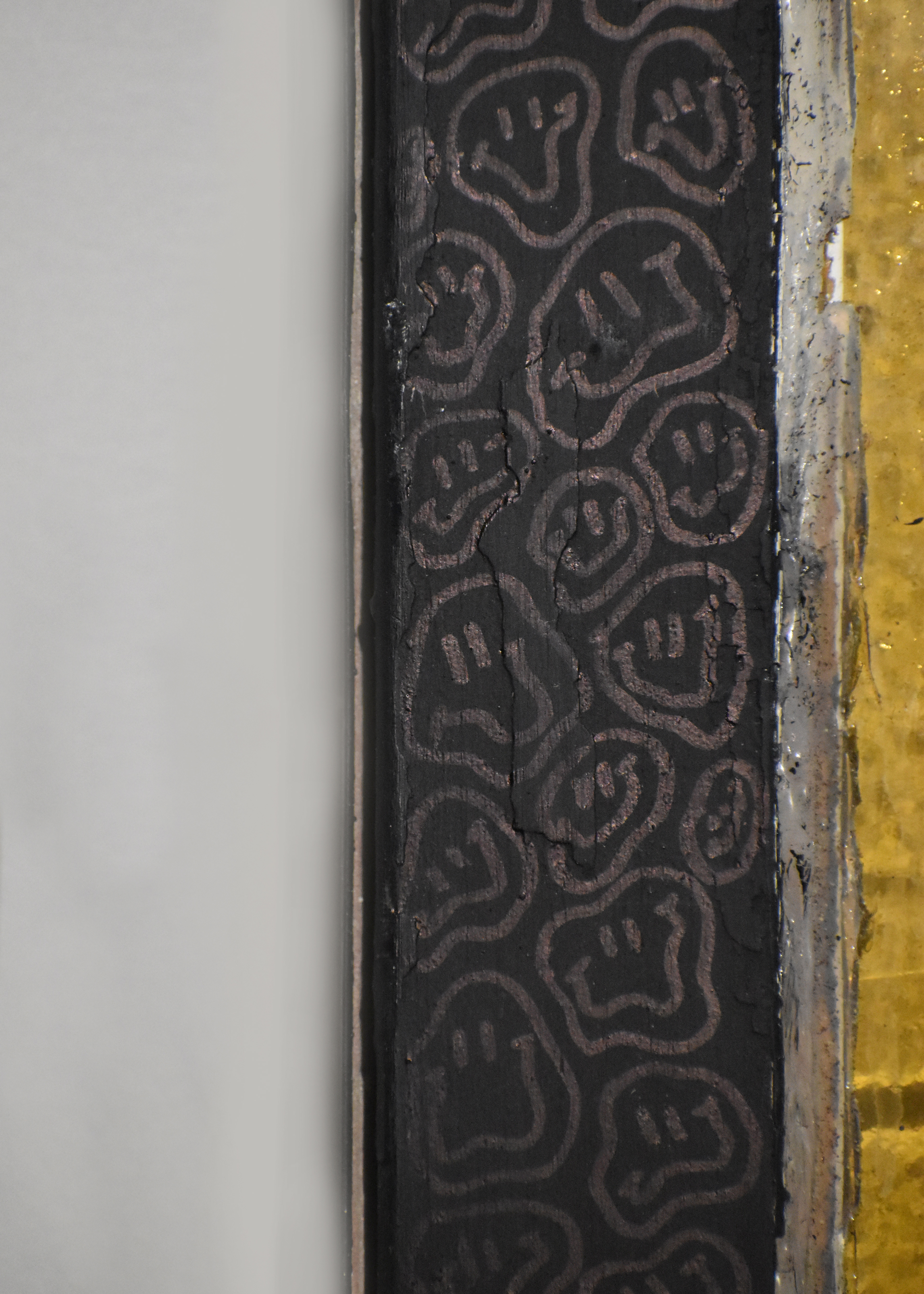 Close-up of Look in Front of You, 2022, Antique church window, cyanotype on paper, thread, acrylic, sharpie, wood, soil, succulent, Salisbury University