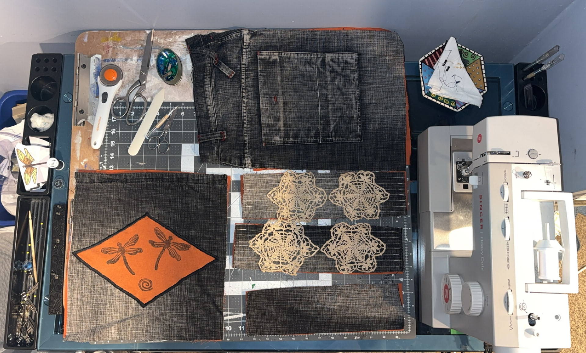 Dragonfly bag, 2024, Thrifted fabric: jeans, shirt, doille, Ellicott City MD