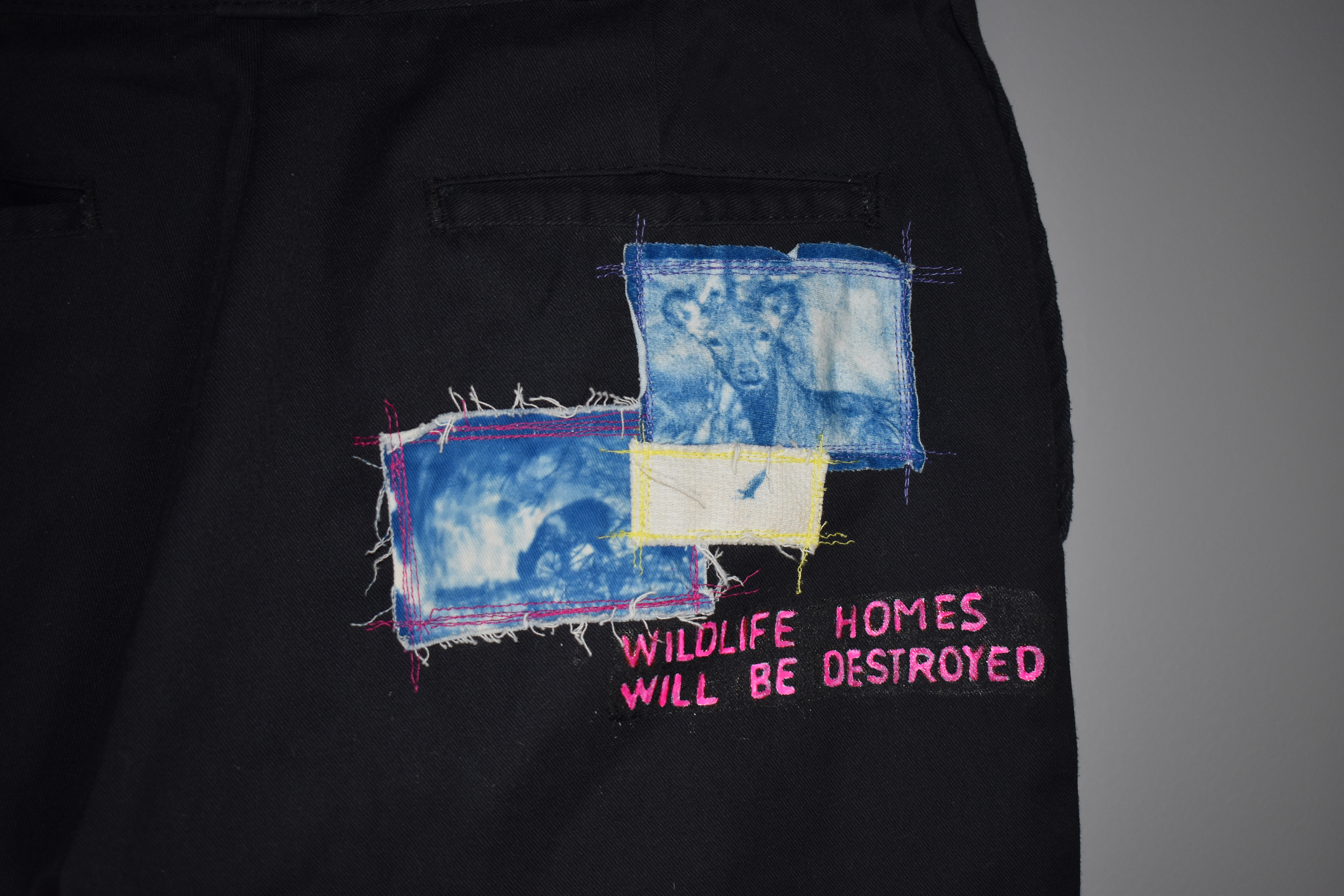 Close-Up of Global Warming, 2022, Pants, cyanotypes, fabric paint, Salisbury University