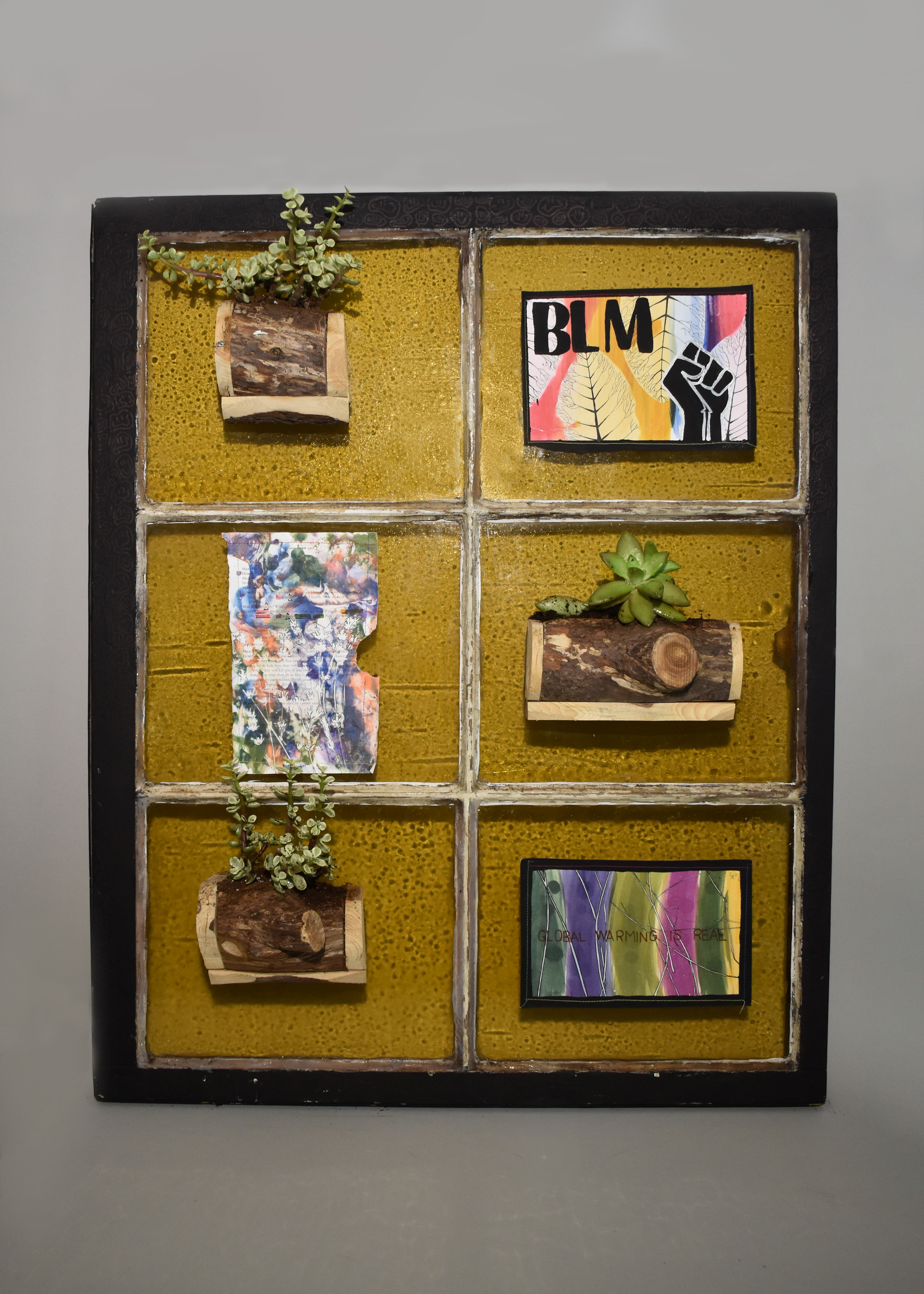 Look in Front of You, 2022, Antique church window, cyanotype on paper, thread, acrylic, sharpie, wood, soil, succulent, Salisbury University