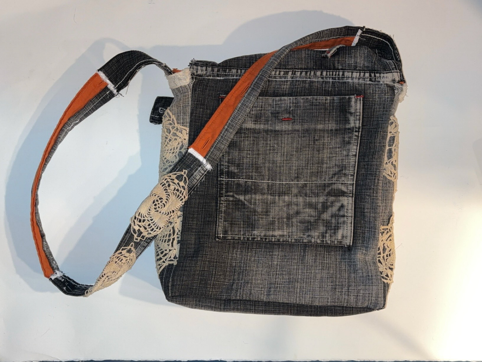 Dragonfly bag, 2024, Thrifted fabric: jeans, shirt, doille, Ellicott City MD