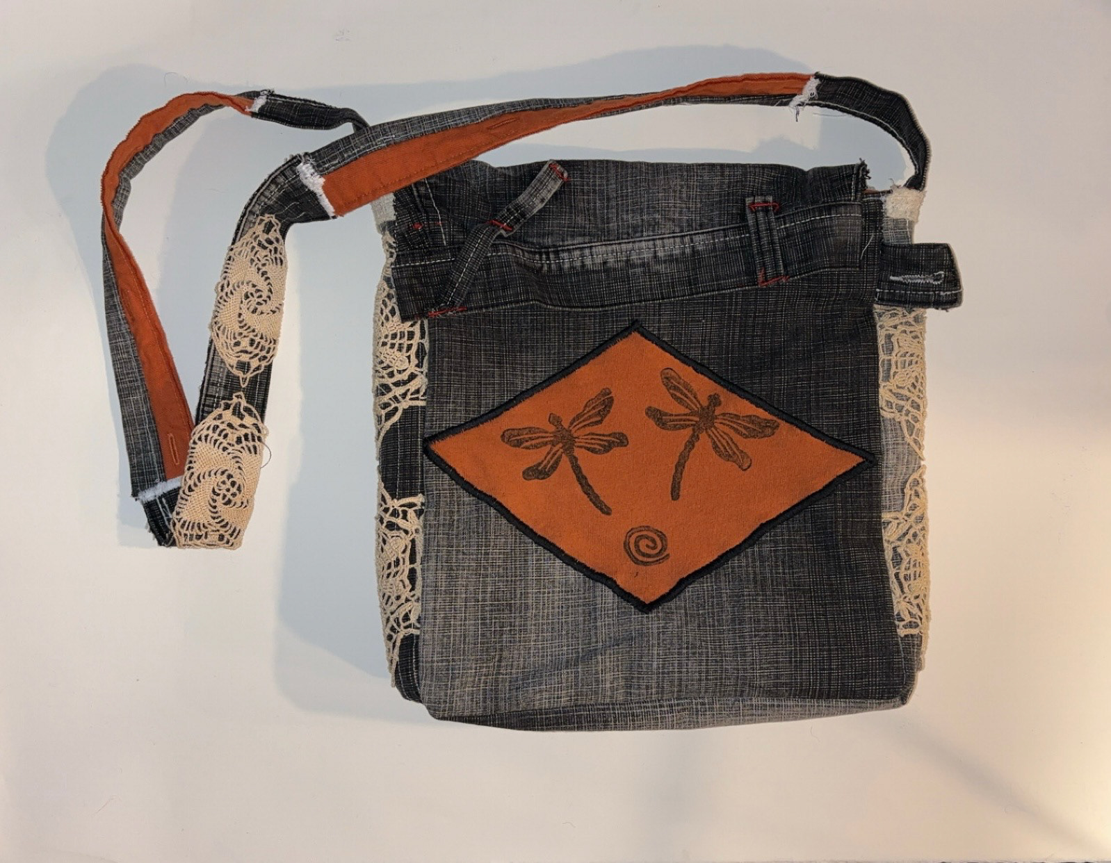 Dragonfly bag, 2024, Thrifted fabric: jeans, shirt, doille, Ellicott City MD