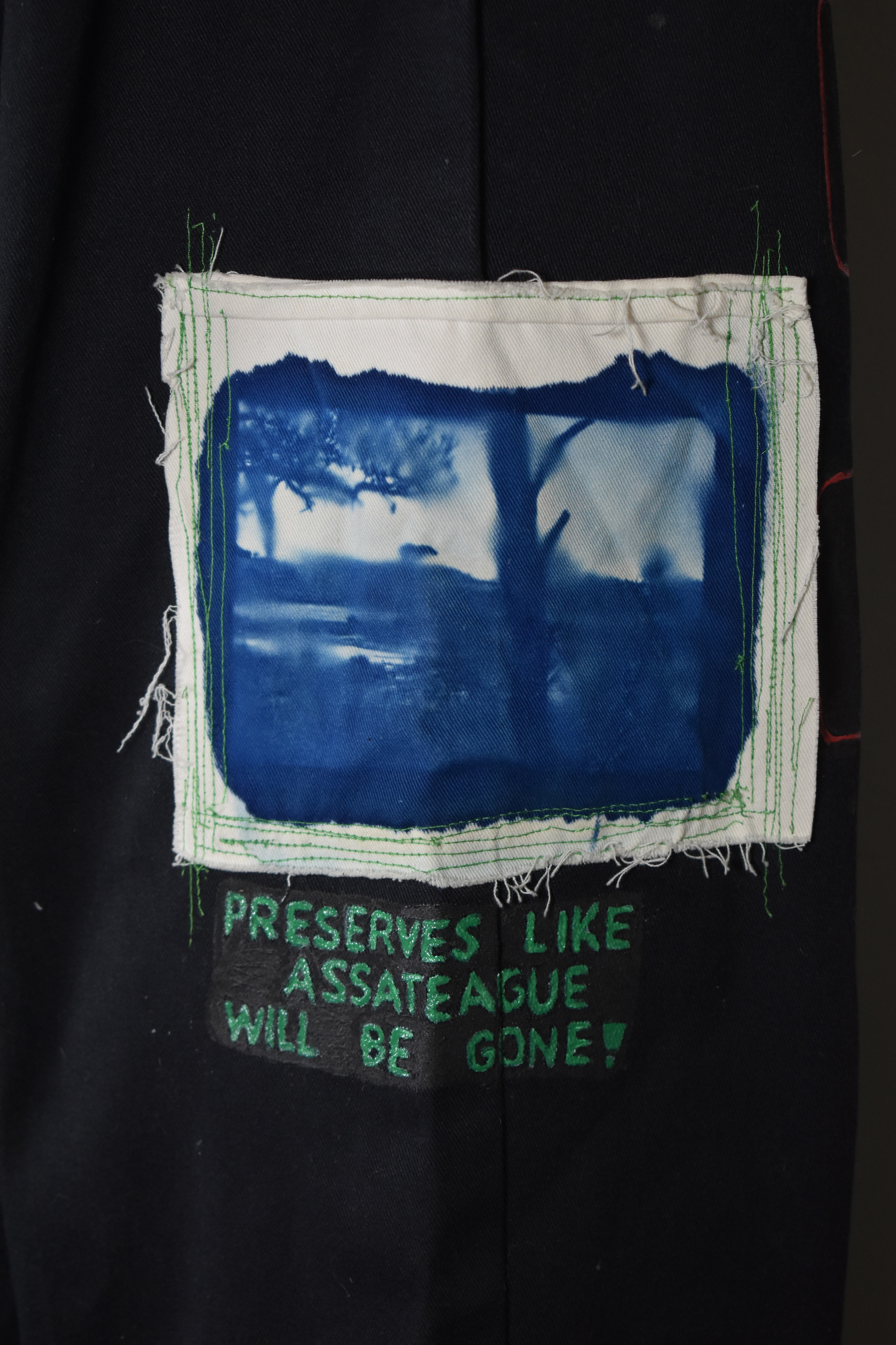 Close-up of Global Warming Pants, 2022, pants, fabric paint, cyanotypes, Senior Exhibition (Express Your Thoughts On...)