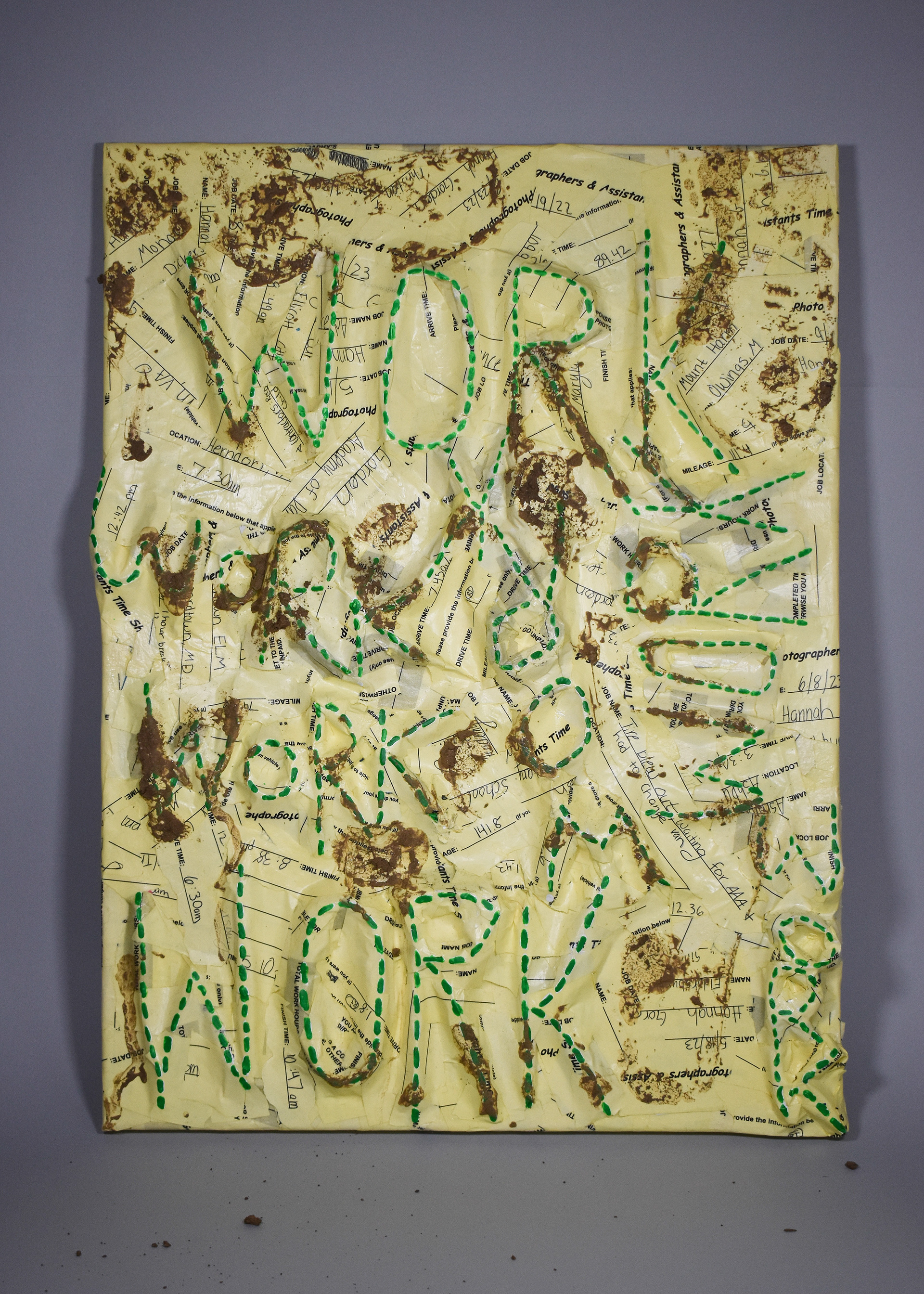 WORK, 2023, modge podge, timesheets from work, paint, mud covered shoe prints, newspaper, paper towel, Ellicott city MD