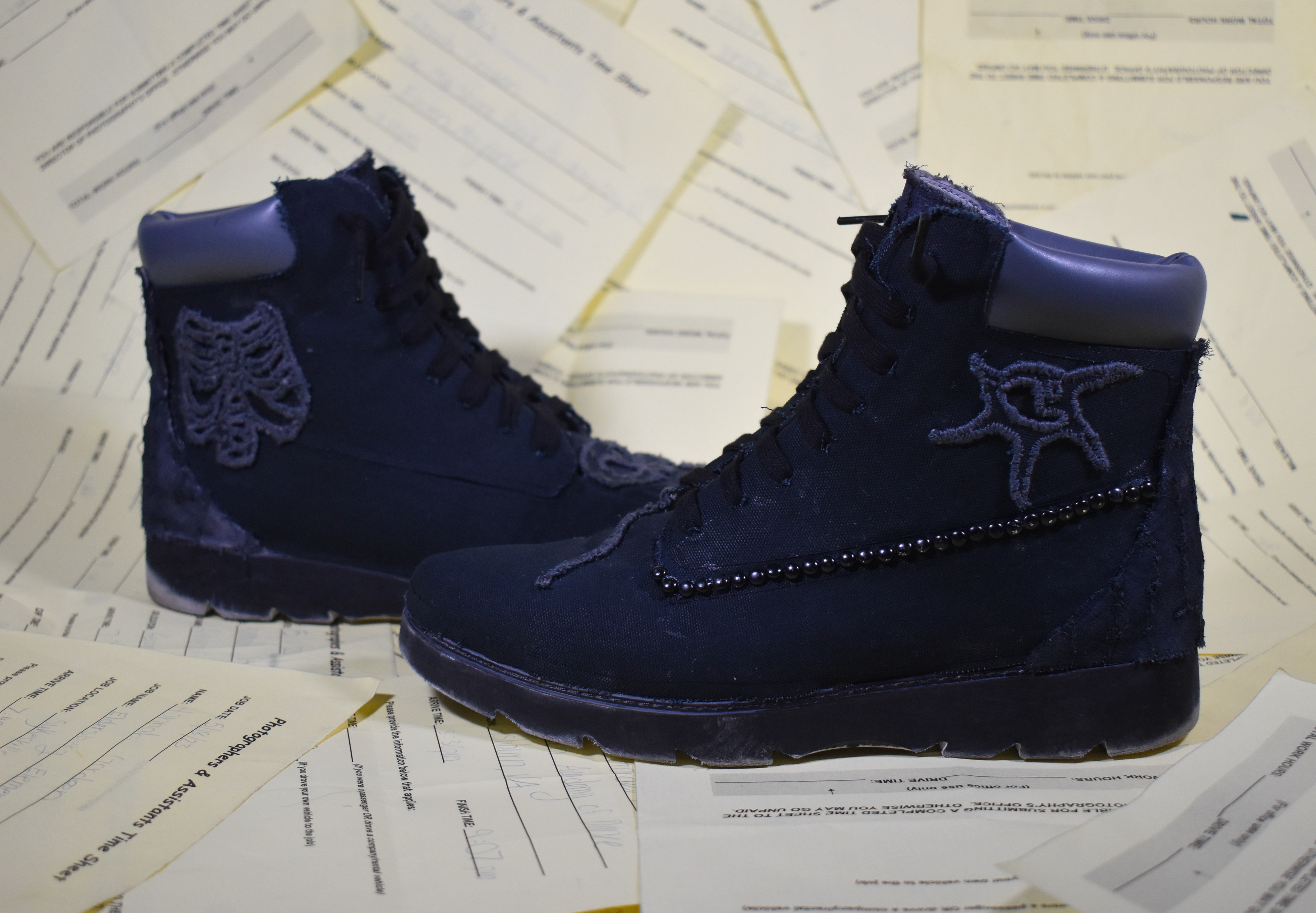 WORK, 2023, thrifted fabric, shoes, thread, glue, timesheets from work, Ellicott city MD