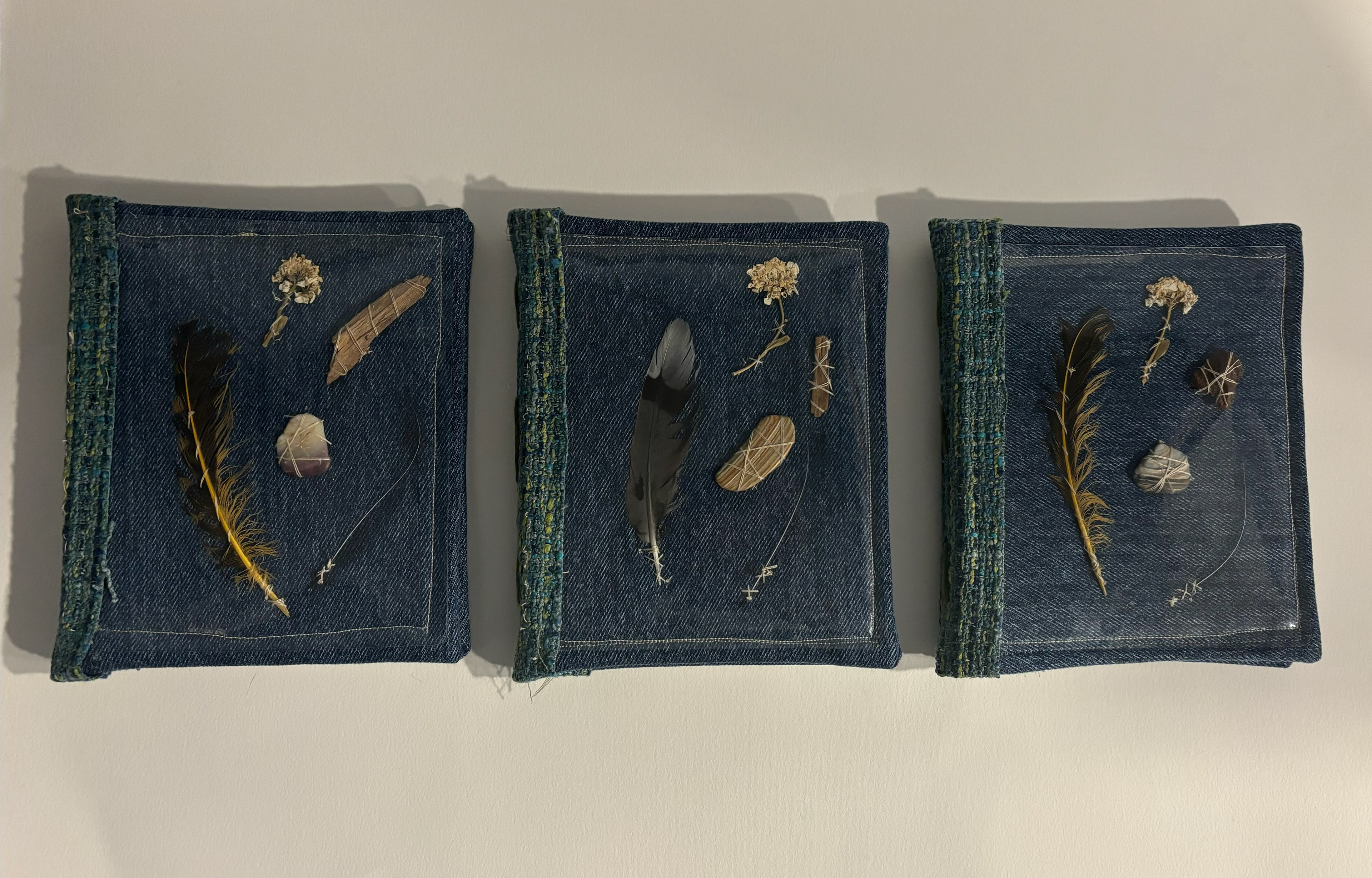 Book Project for Finding Words Class at MICA, 2025, Cardboard, thrifted fabric, glue, feather, dried flower, shell, wood, whisker from my cat peanut, Ellicott City MD