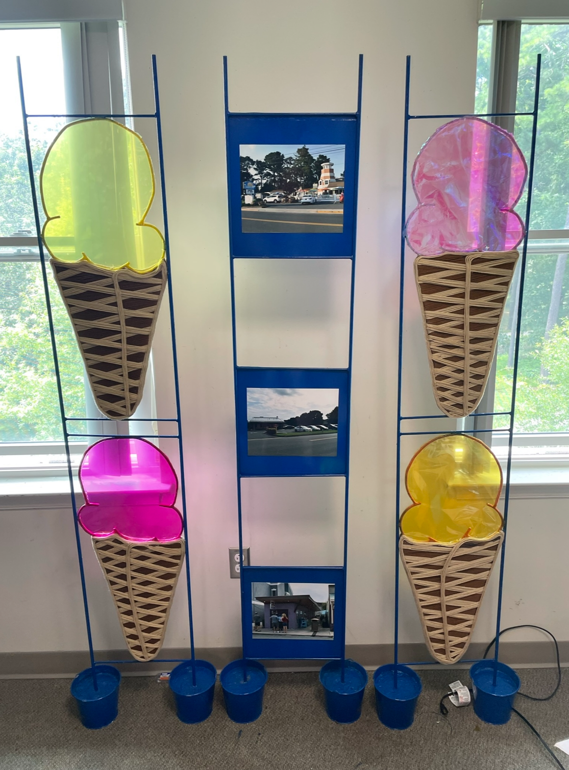 Island Creamery Sculpture Gift, 2021, Film Photographs, yarn, steel welded peices, concrete, buckets, colorful clear wrap, glue, Salisbury University MD