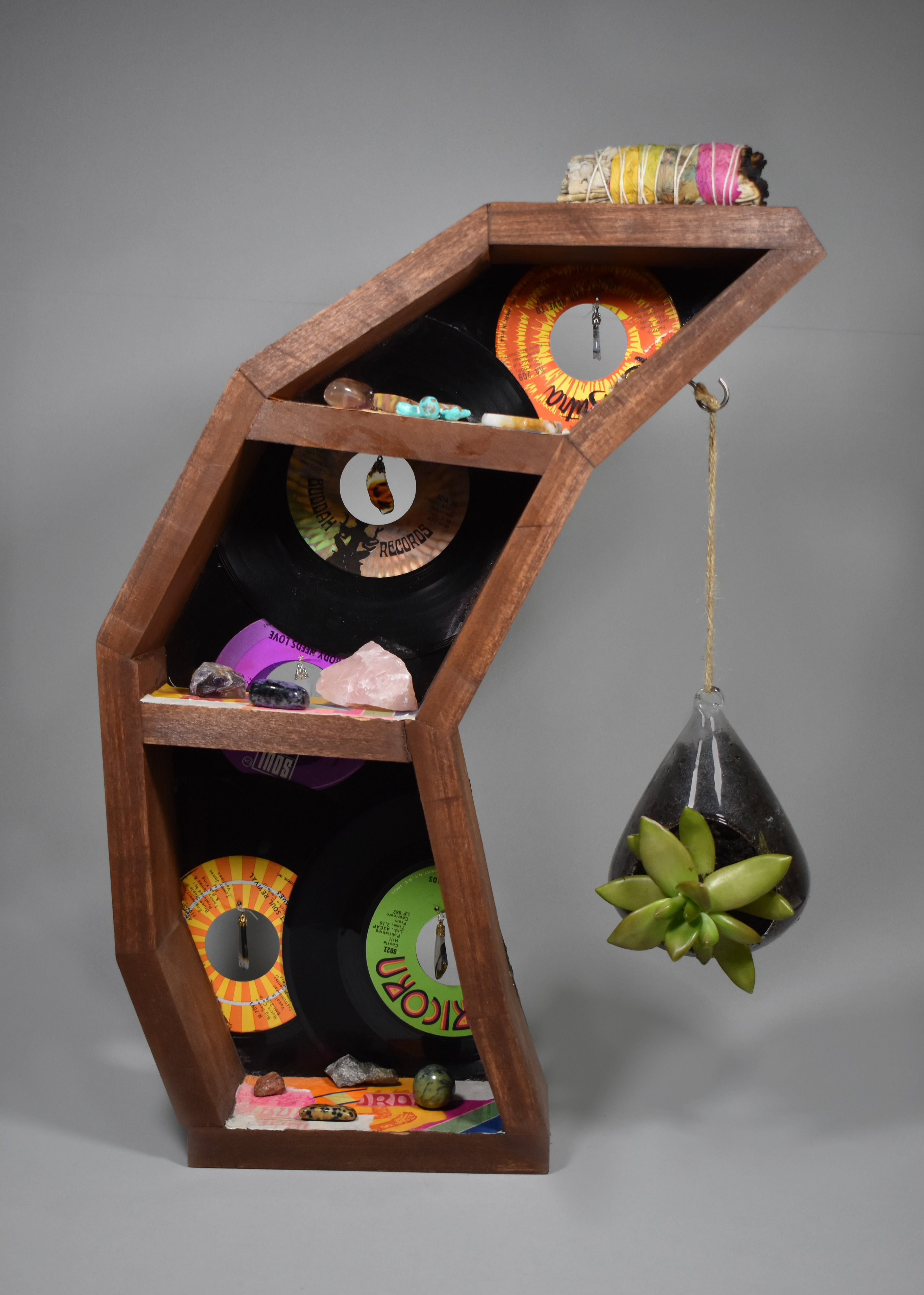 Untitled, 2021, Records, crystals, wood, wood stain, Salisbury University MD